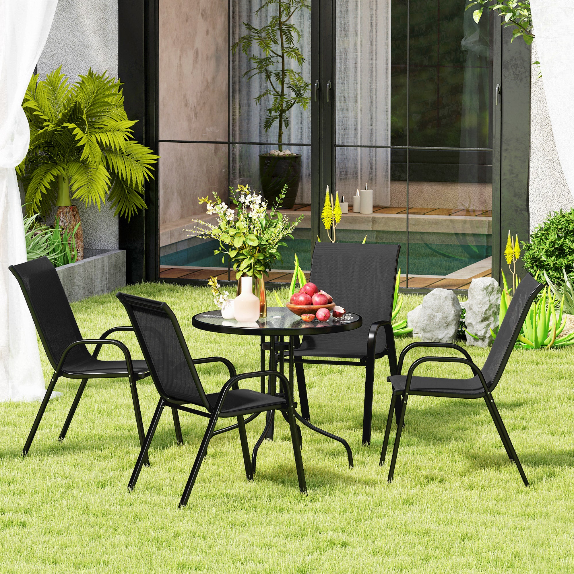 Patio Set 5-Piece Round Glass Table Black-DECOROLALA