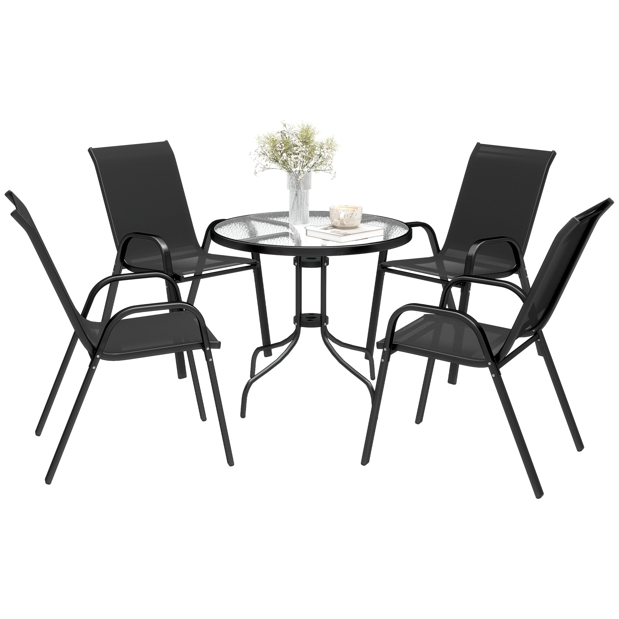 Patio Set 5-Piece Round Glass Table Black-DECOROLALA