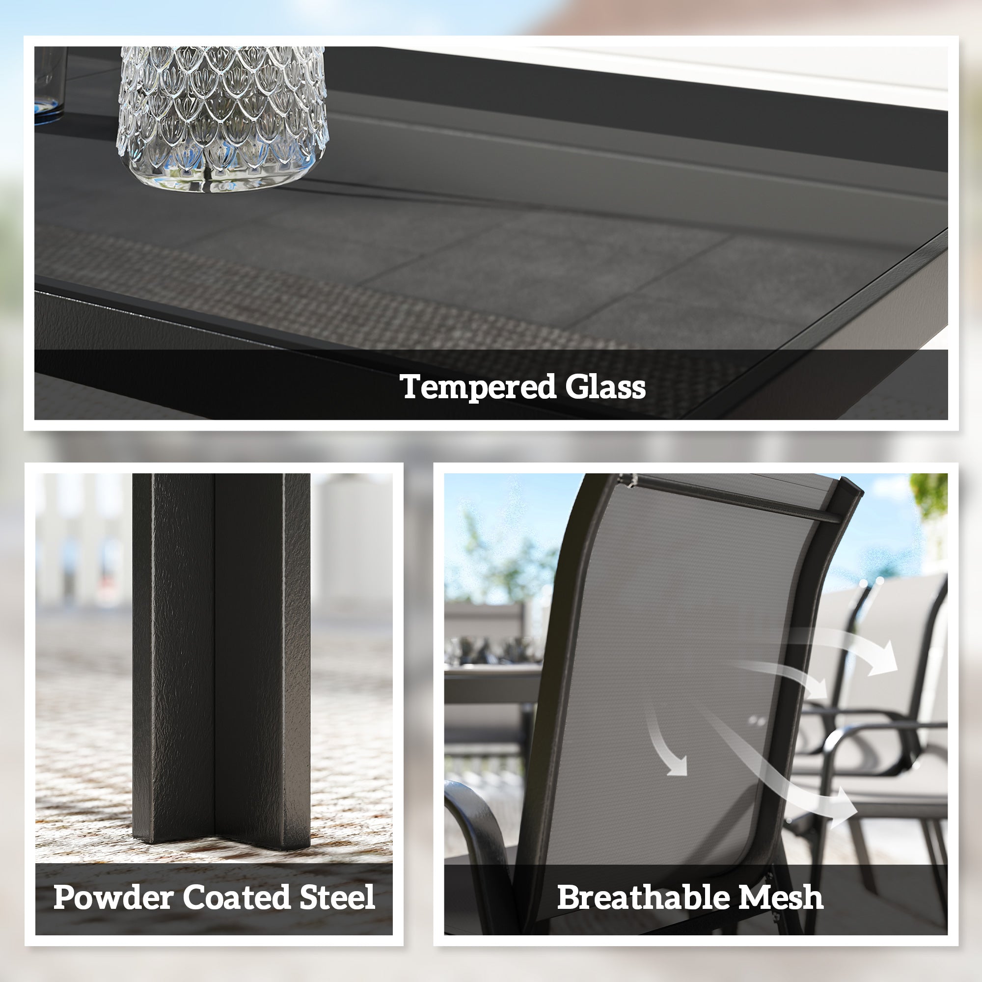 Patio Set with Stackable Chairs, Glass Top Dining for Garden - Dark Grey, Black 9pcs-DECOROLALA