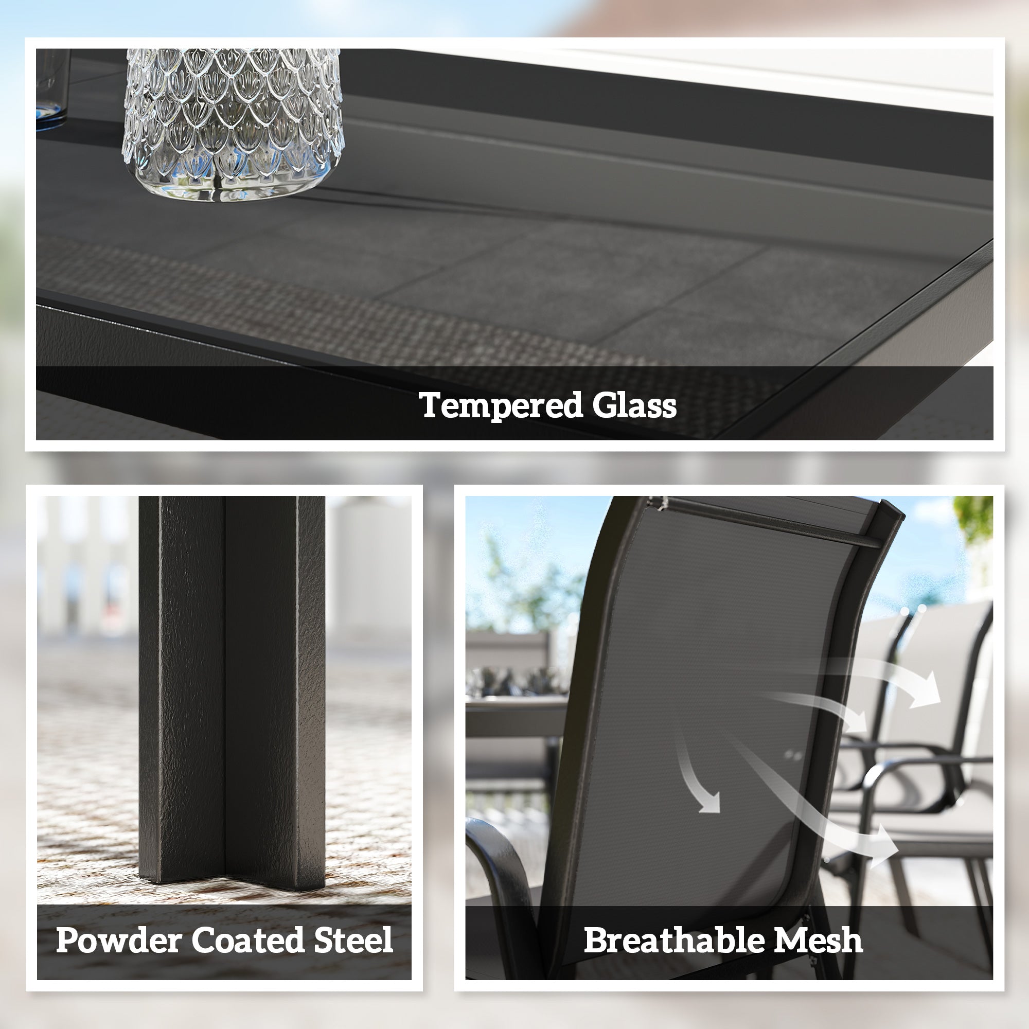 Patio Set with Stackable Chairs, Glass Top Dining for Garden - Dark Grey, Black 9pcs-DECOROLALA