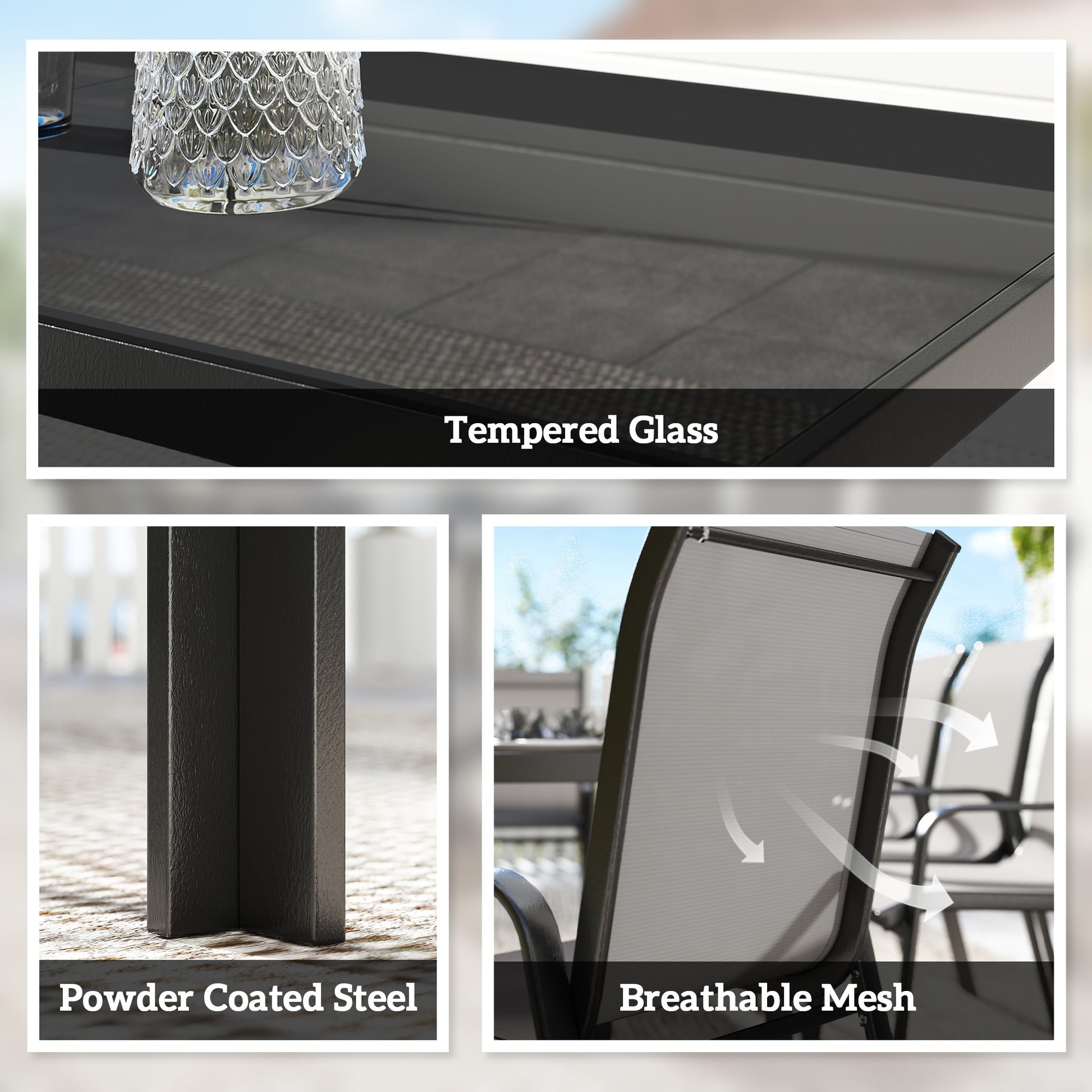Patio Set with Stackable Chairs, Glass Top Dining for Garden - Dark Grey, Black 9pcs-DECOROLALA