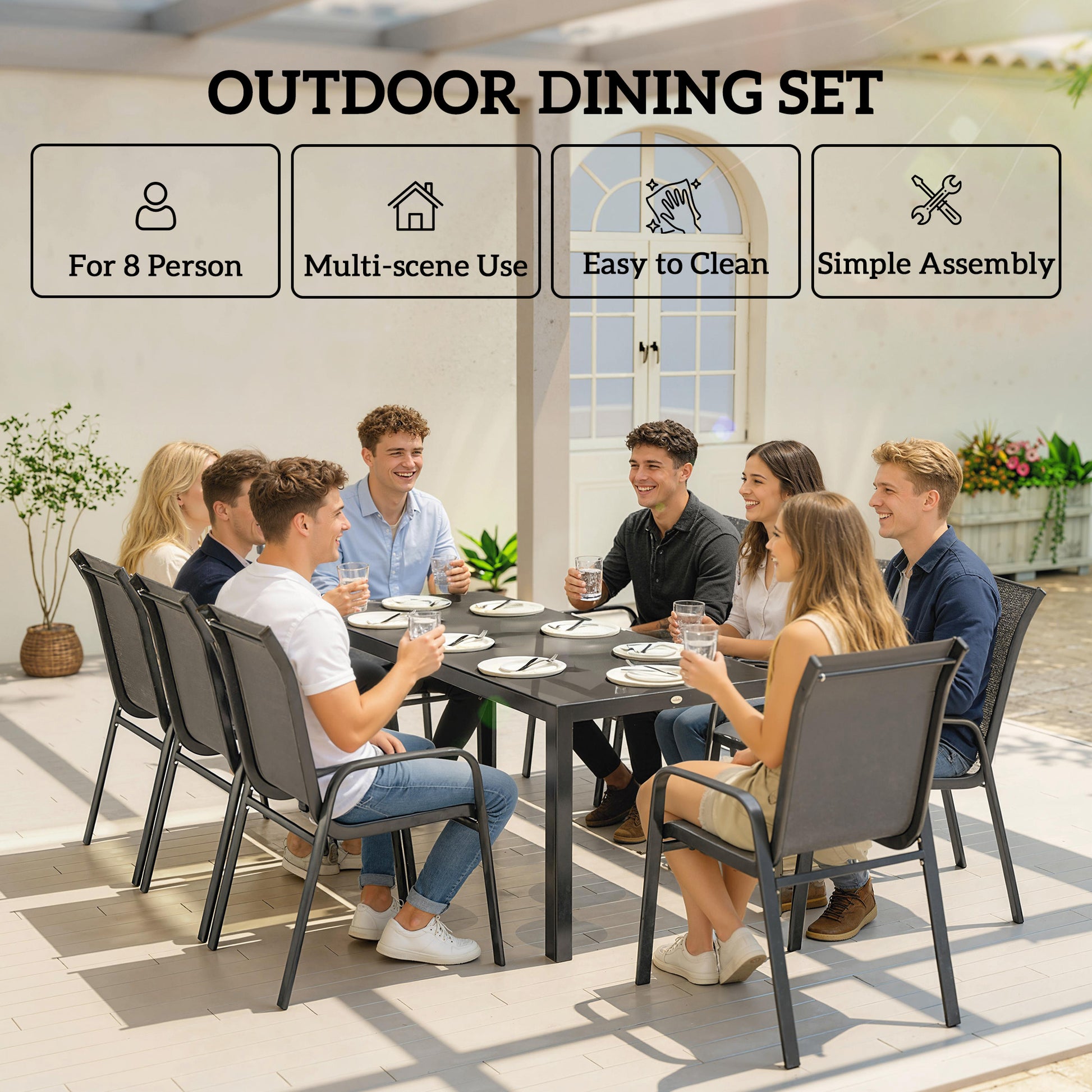 Patio Set with Stackable Chairs, Glass Top Dining for Garden - Dark Grey, Black 9pcs-DECOROLALA