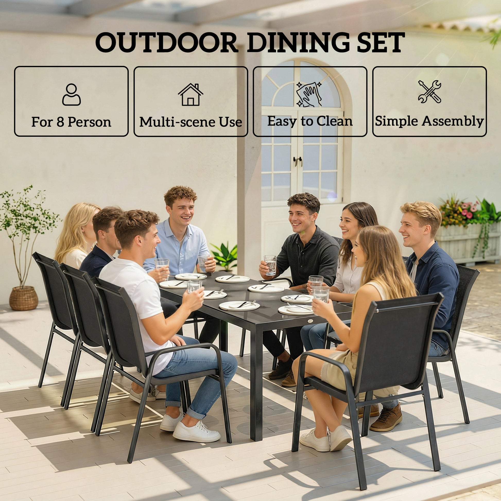 Patio Set with Stackable Chairs, Glass Top Dining for Garden - Dark Grey, Black 9pcs-DECOROLALA