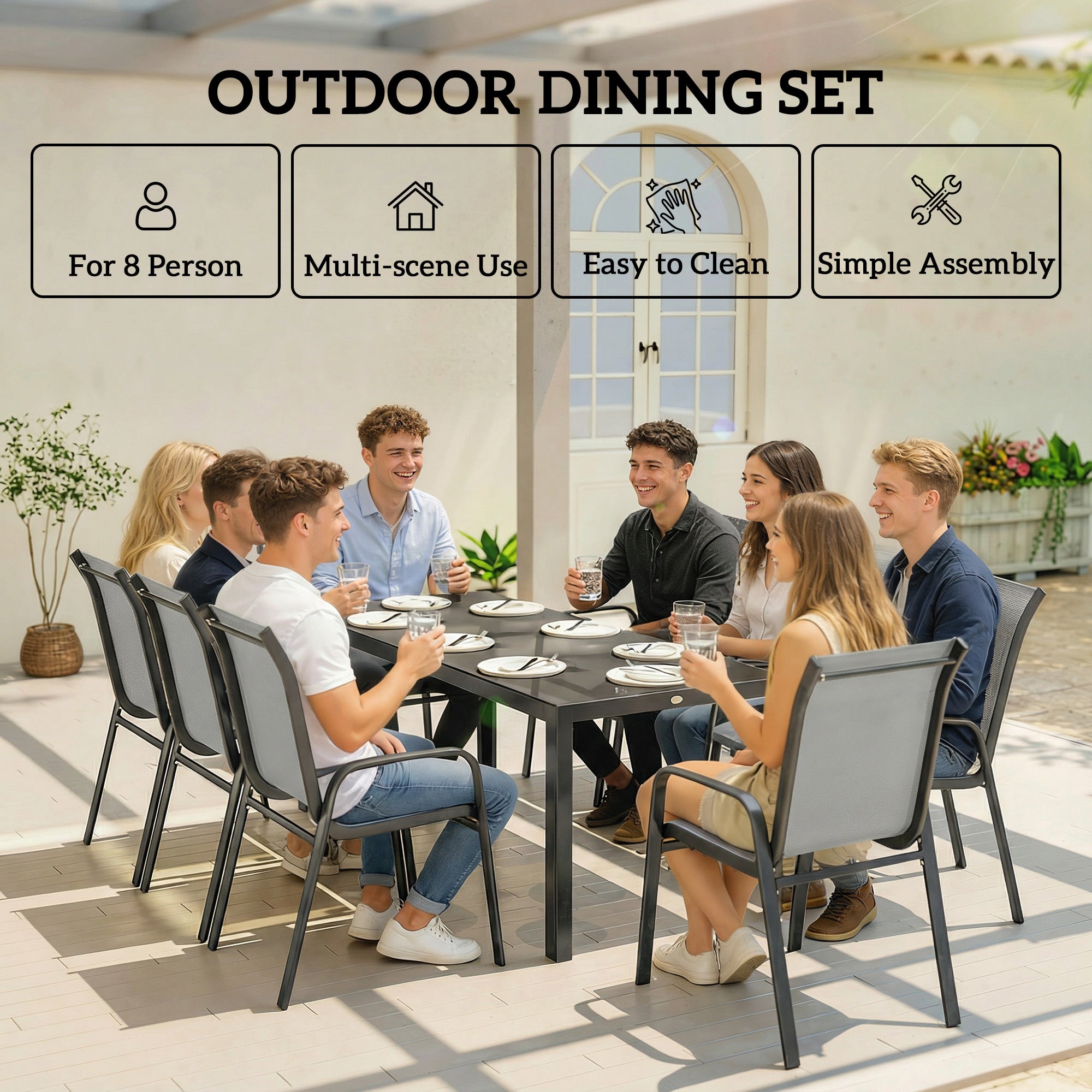 Patio Set with Stackable Chairs, Glass Top Dining for Garden - Dark Grey, Black 9pcs-DECOROLALA