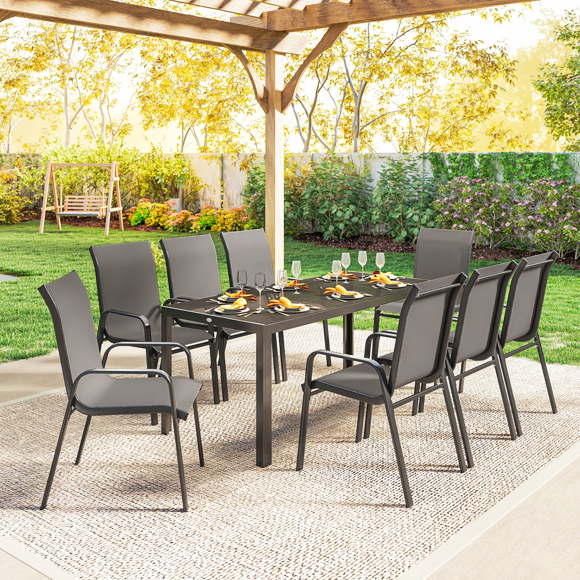 Patio Set with Stackable Chairs, Glass Top Dining for Garden - Dark Grey, Black 9pcs-DECOROLALA