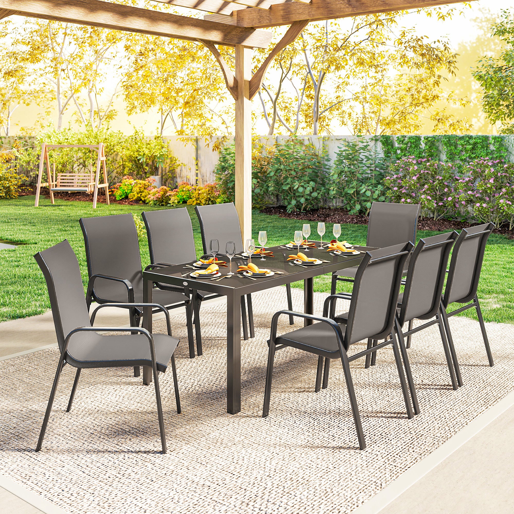 Patio Set with Stackable Chairs, Glass Top Dining for Garden - Dark Grey, Black 9pcs-DECOROLALA