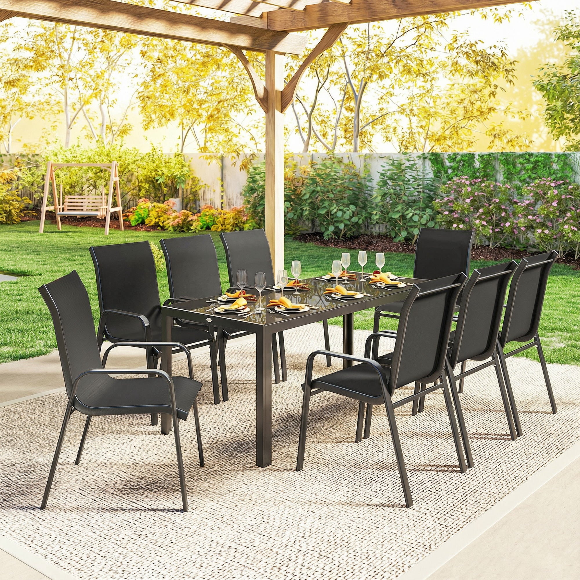 Patio Set with Stackable Chairs, Glass Top Dining for Garden - Dark Grey, Black 9pcs-DECOROLALA