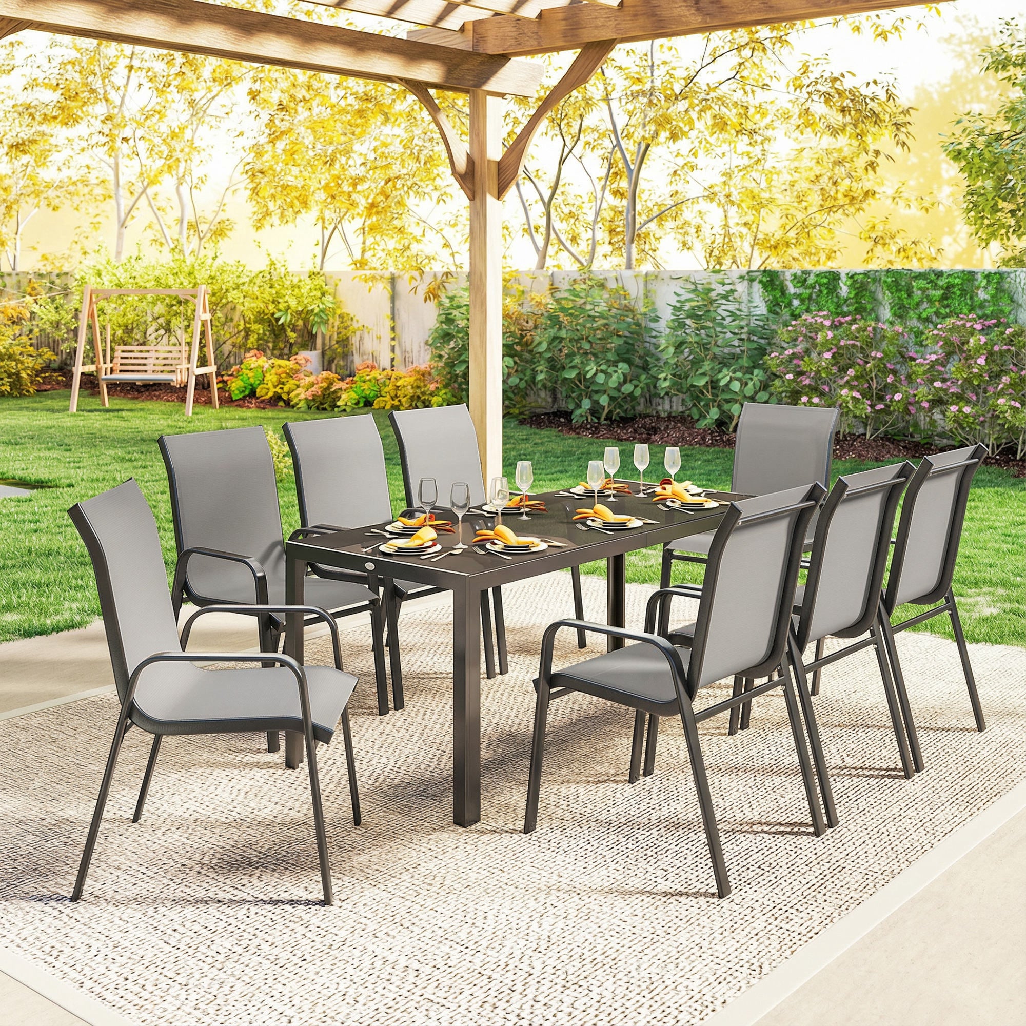 Patio Set with Stackable Chairs, Glass Top Dining for Garden - Dark Grey, Black 9pcs-DECOROLALA