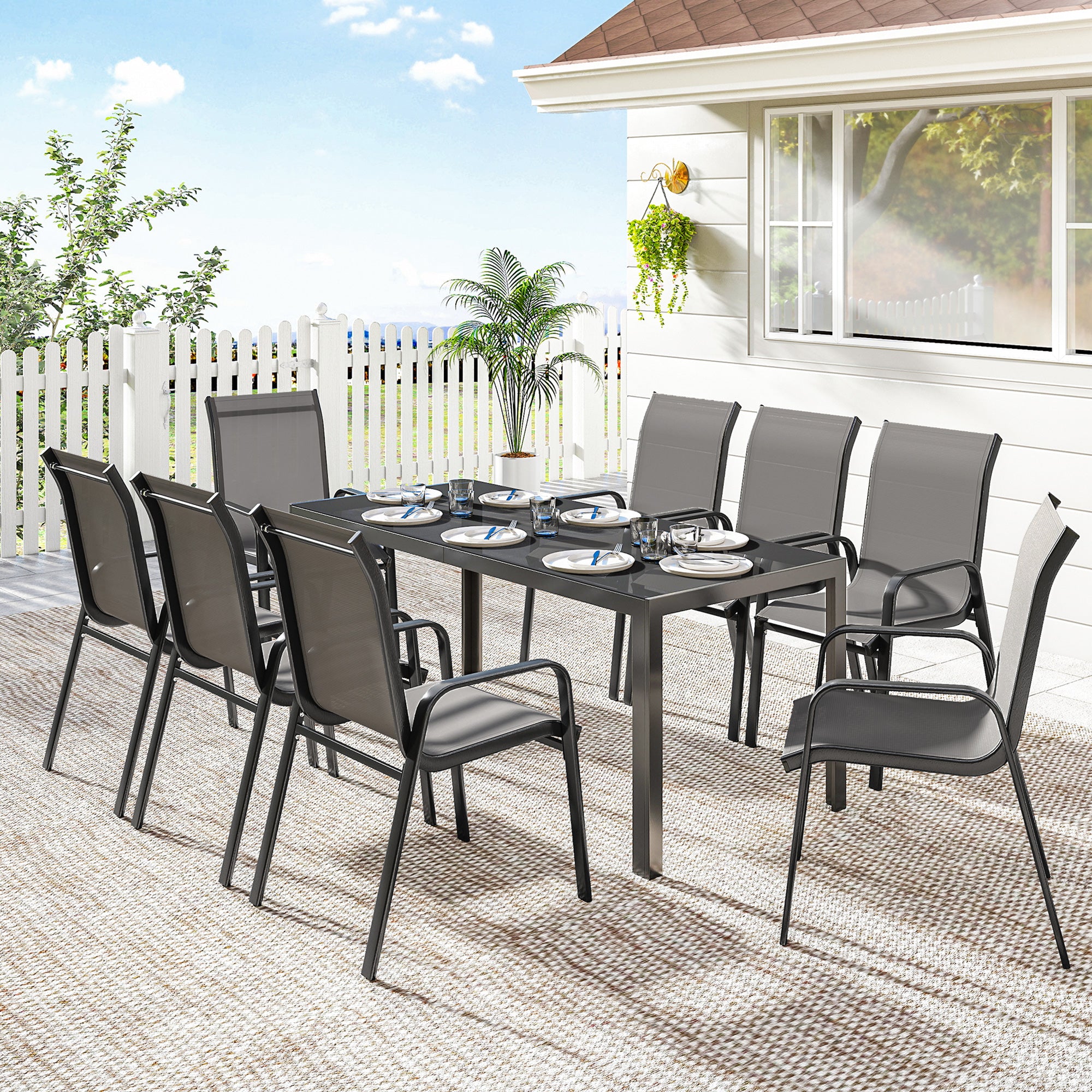 Patio Set with Stackable Chairs, Glass Top Dining for Garden - Dark Grey, Black 9pcs-DECOROLALA