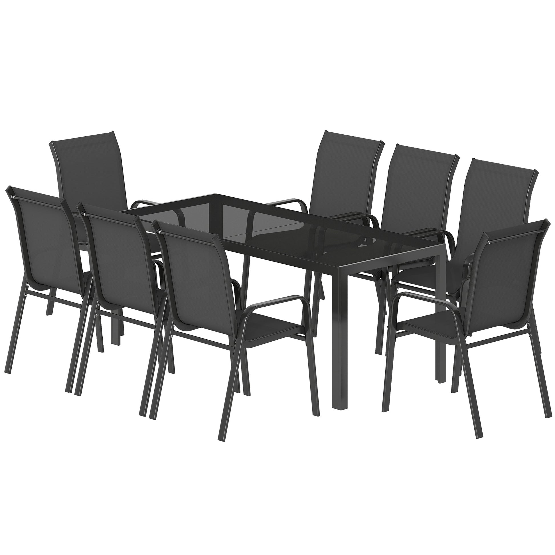 Patio Set with Stackable Chairs, Glass Top Dining for Garden - Dark Grey, Black 9pcs-DECOROLALA