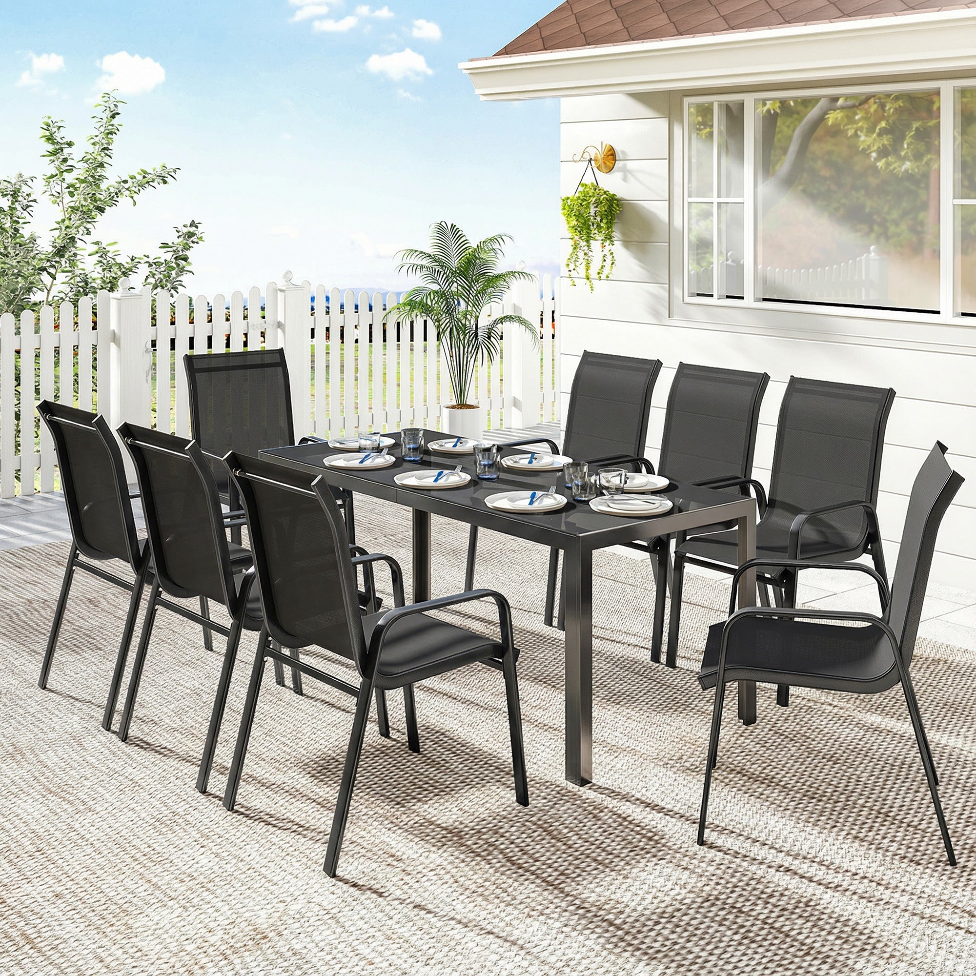 Patio Set with Stackable Chairs, Glass Top Dining for Garden - Dark Grey, Black 9pcs-DECOROLALA