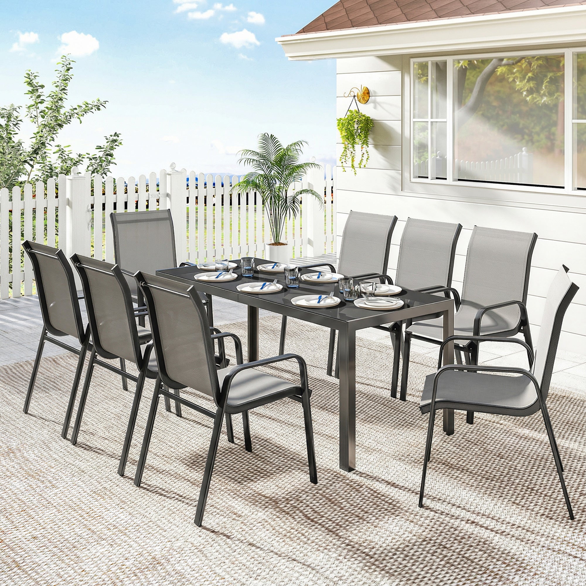 Patio Set with Stackable Chairs, Glass Top Dining for Garden - Dark Grey, Black 9pcs-DECOROLALA