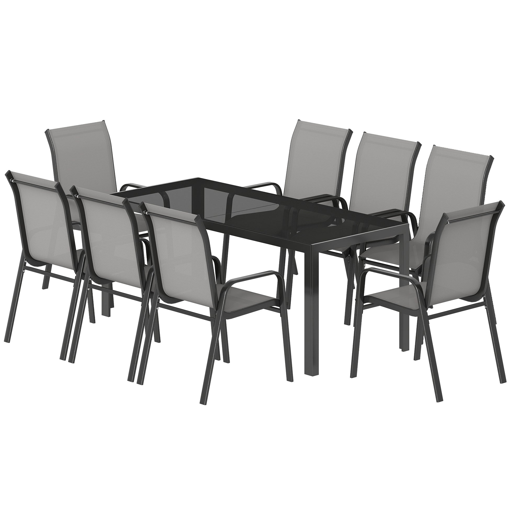 Patio Set with Stackable Chairs, Glass Top Dining for Garden - Dark Grey, Black 9pcs-DECOROLALA