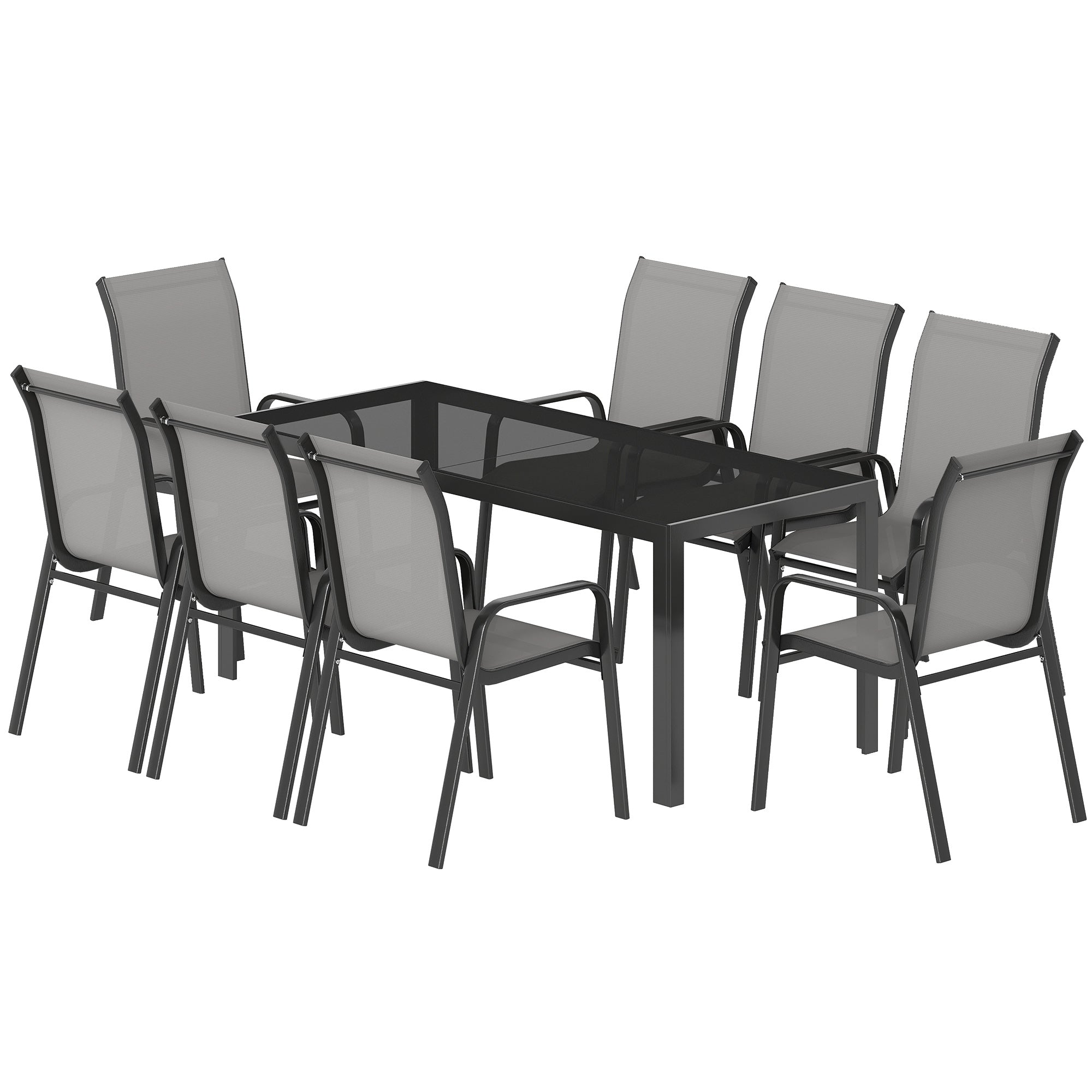 Patio Set with Stackable Chairs, Glass Top Dining for Garden - Dark Grey, Black 9pcs-DECOROLALA