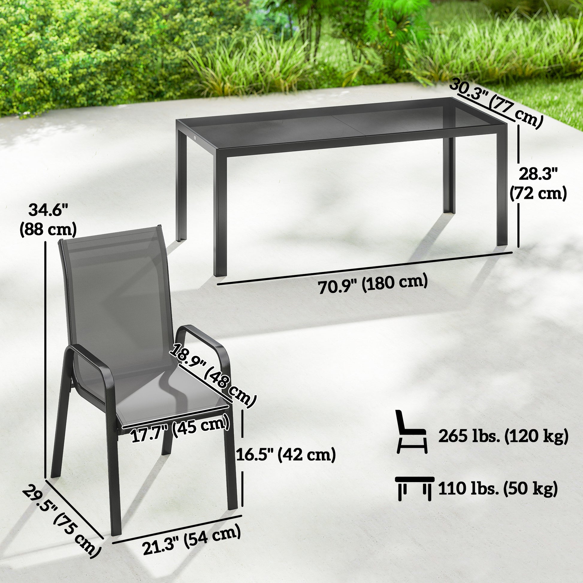Patio Set with Stackable Chairs, Glass Top Dining for Garden - Dark Grey, Black 9pcs-DECOROLALA