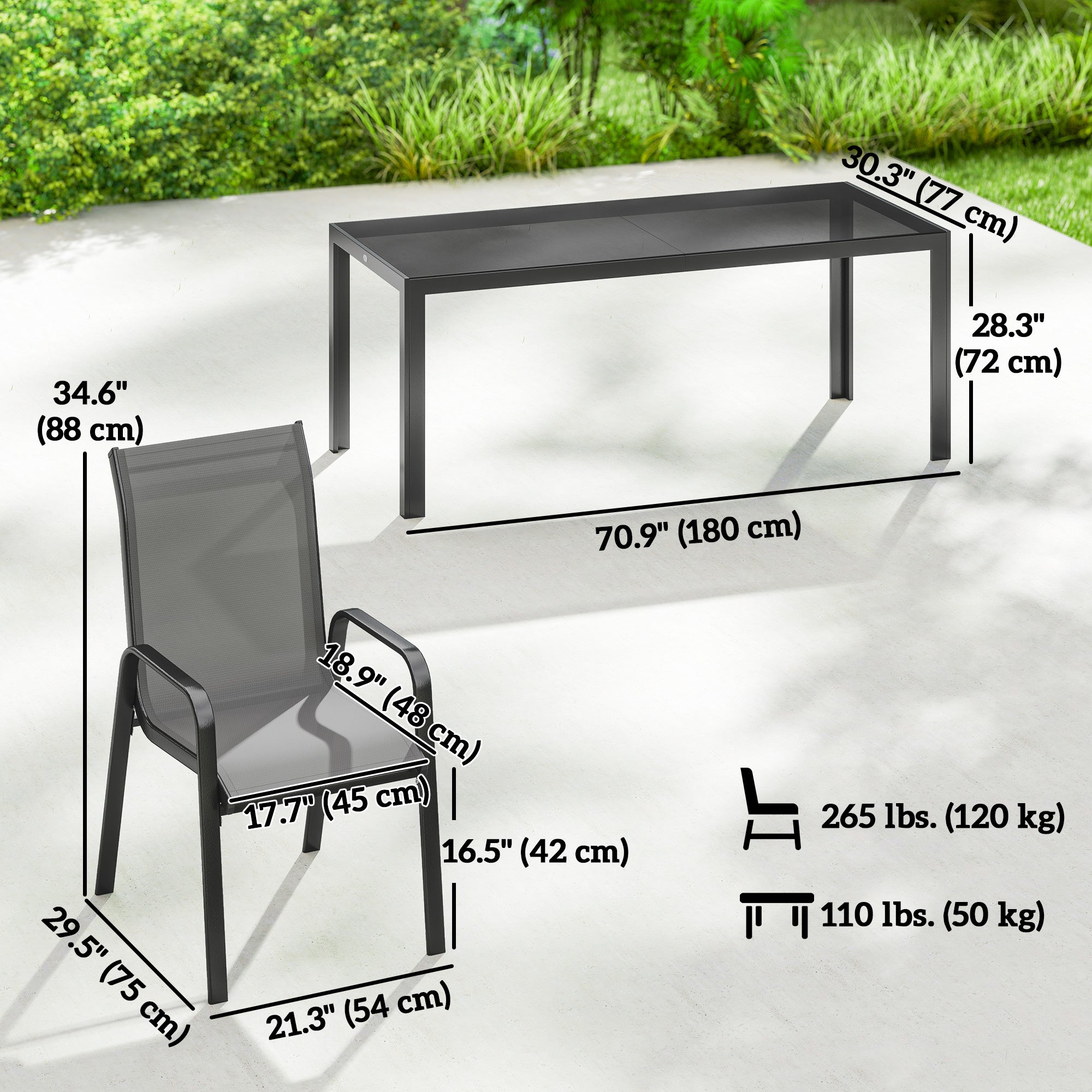 Patio Set with Stackable Chairs, Glass Top Dining for Garden - Dark Grey, Black 9pcs-DECOROLALA