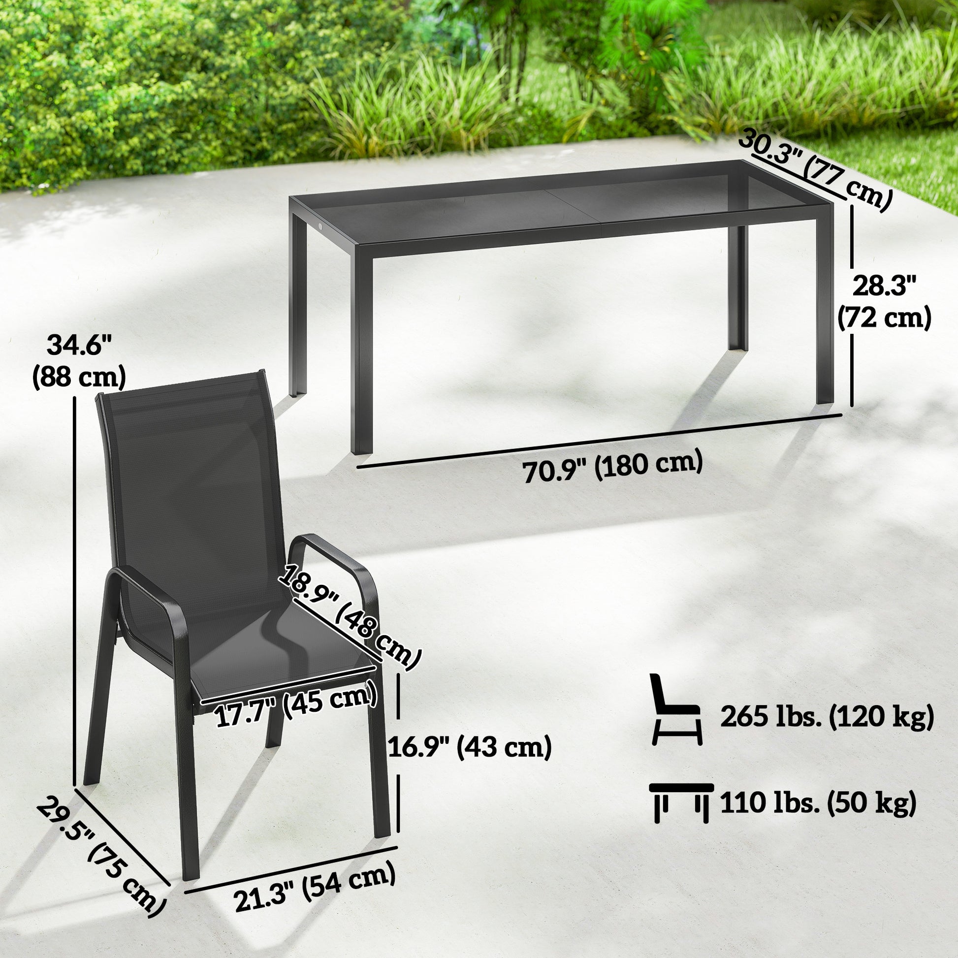 Patio Set with Stackable Chairs, Glass Top Dining for Garden - Dark Grey, Black 9pcs-DECOROLALA