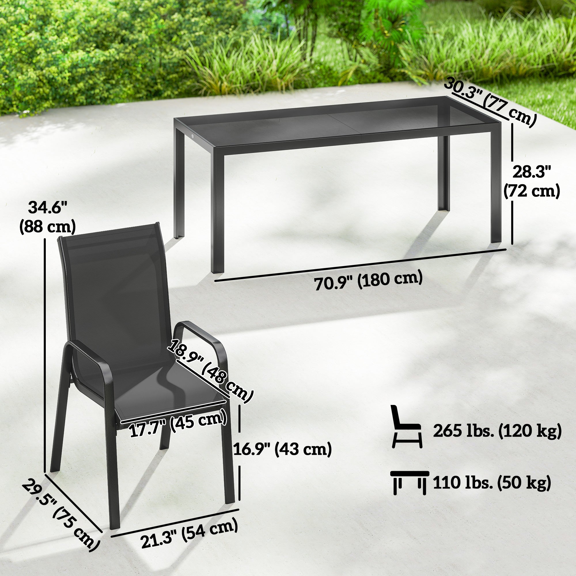Patio Set with Stackable Chairs, Glass Top Dining for Garden - Dark Grey, Black 9pcs-DECOROLALA