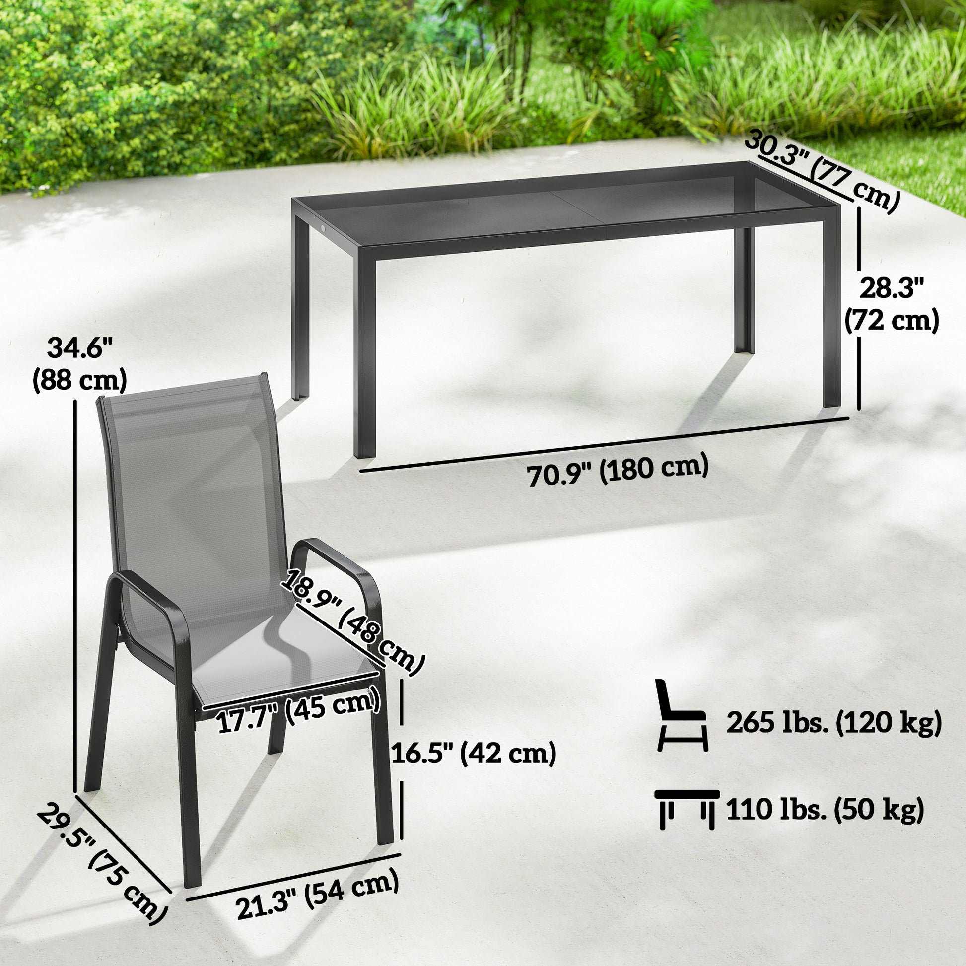 Patio Set with Stackable Chairs, Glass Top Dining for Garden - Dark Grey, Black 9pcs-DECOROLALA