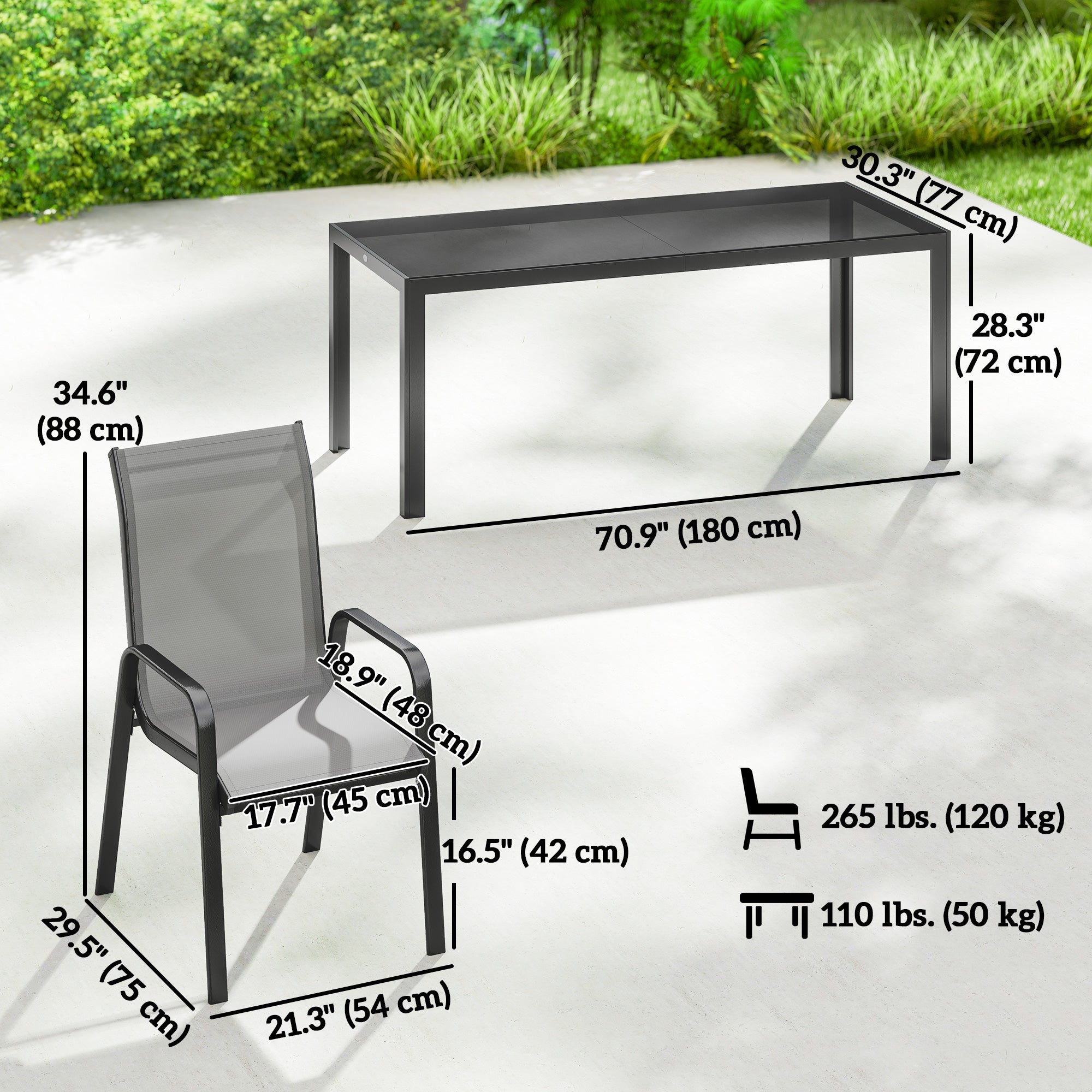 Patio Set with Stackable Chairs, Glass Top Dining for Garden - Dark Grey, Black 9pcs-DECOROLALA