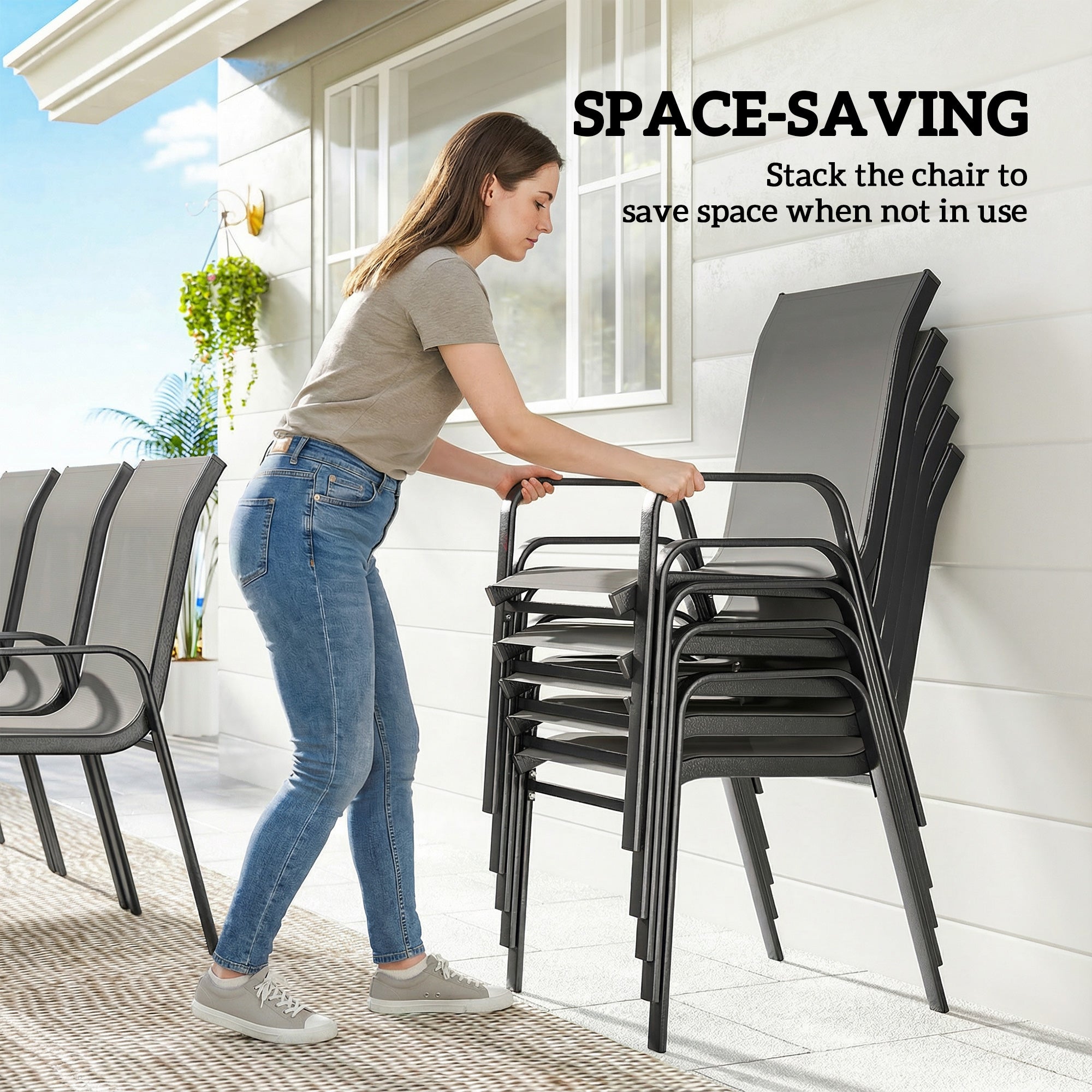 Patio Set with Stackable Chairs, Glass Top Dining for Garden - Dark Grey, Black 9pcs-DECOROLALA