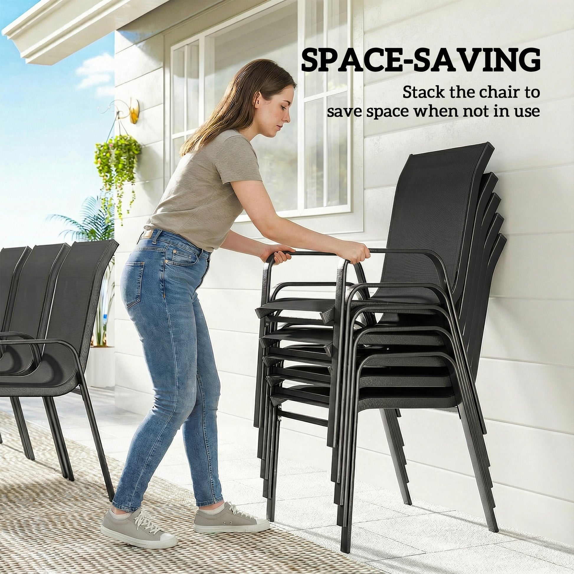 Patio Set with Stackable Chairs, Glass Top Dining for Garden - Dark Grey, Black 9pcs-DECOROLALA