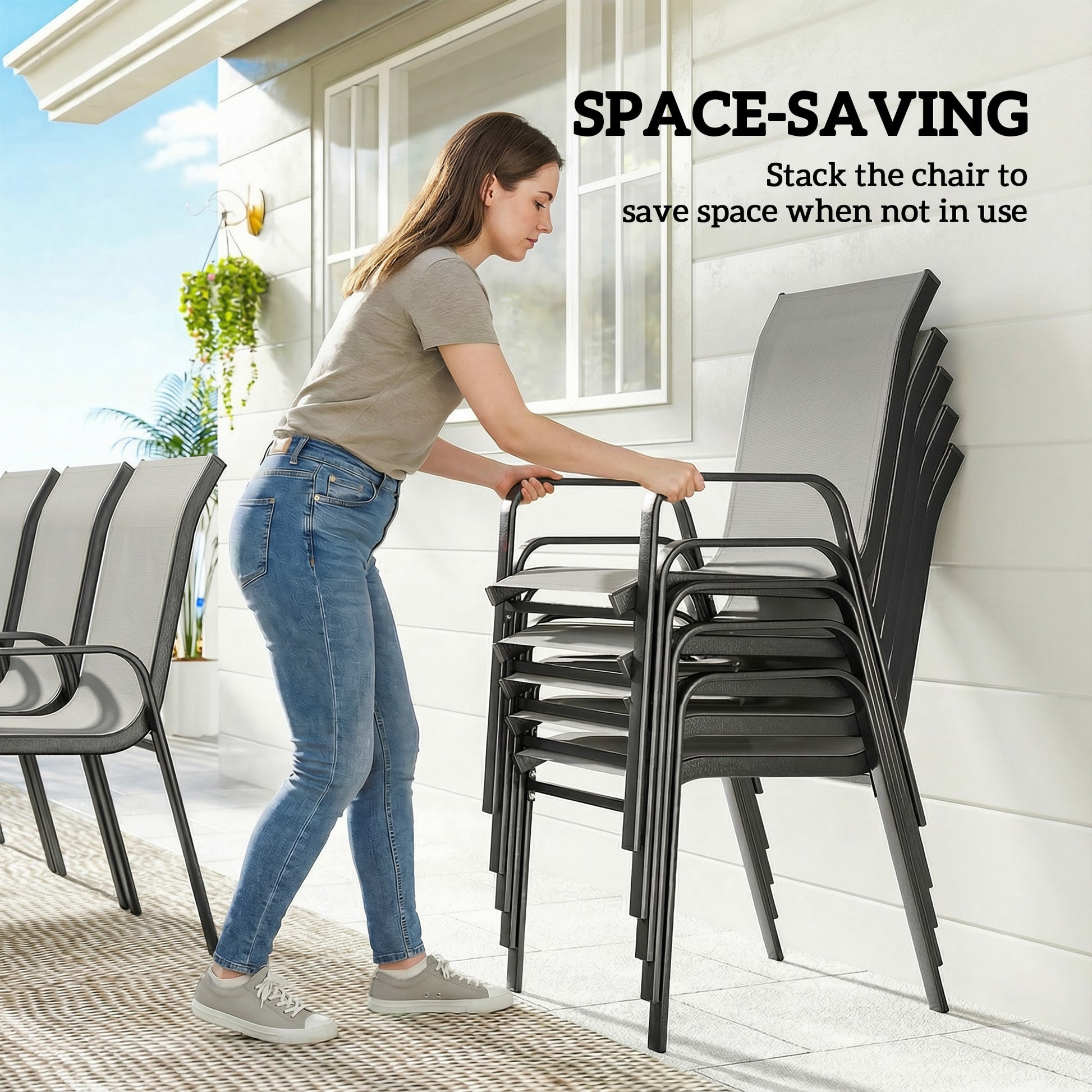 Patio Set with Stackable Chairs, Glass Top Dining for Garden - Dark Grey, Black 9pcs-DECOROLALA