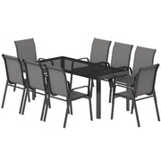 Patio Set with Stackable Chairs, Glass Top Dining for Garden - Dark Grey, Black 9pcs-DECOROLALA