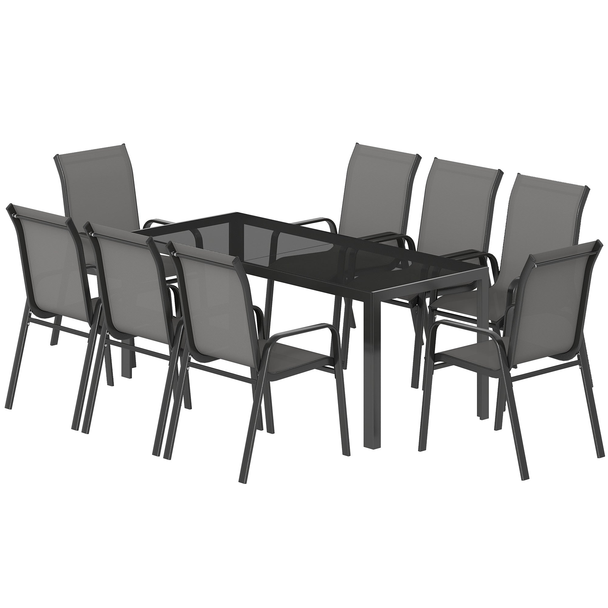 Patio Set with Stackable Chairs, Glass Top Dining for Garden - Dark Grey, Black 9pcs-DECOROLALA