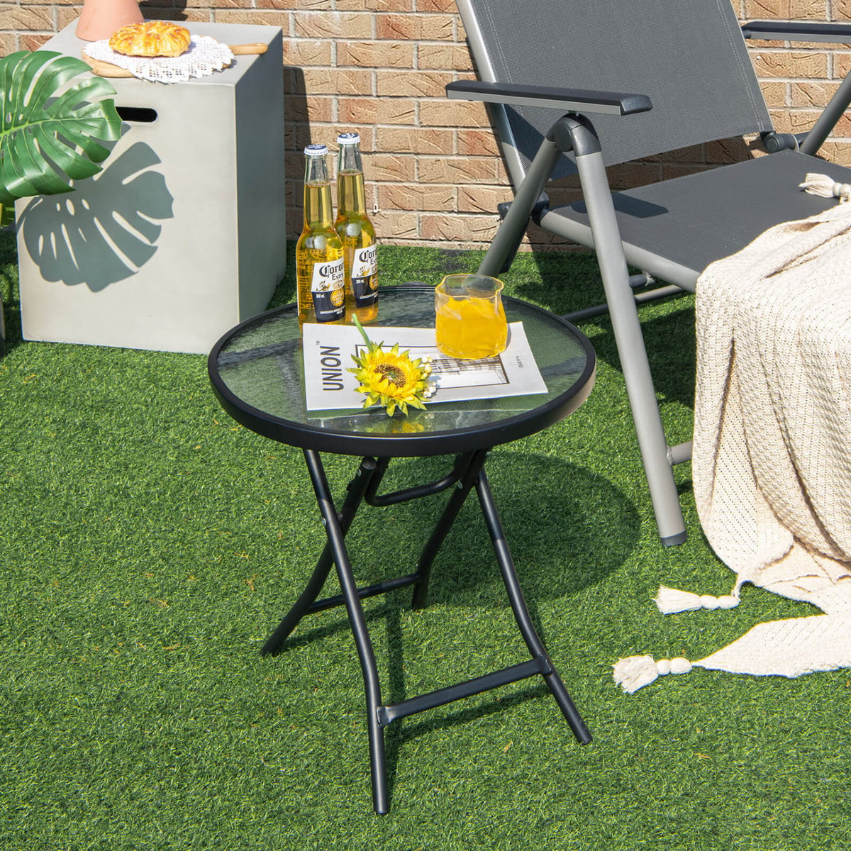 Patio Side Table with Tempered Glass Tabletop-Patio Coffee Tables-DECOROLALA