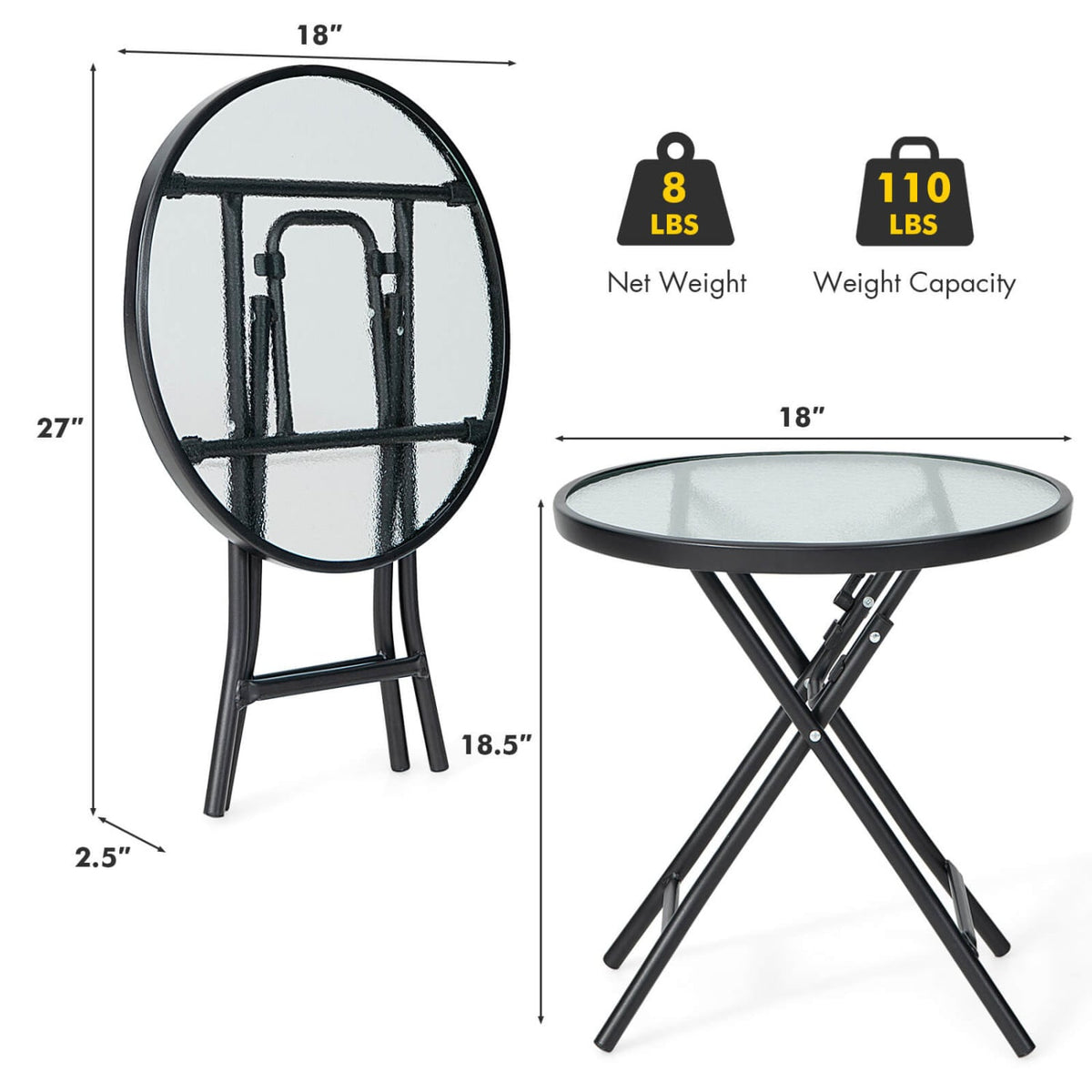 Patio Side Table with Tempered Glass Tabletop-Patio Coffee Tables-DECOROLALA