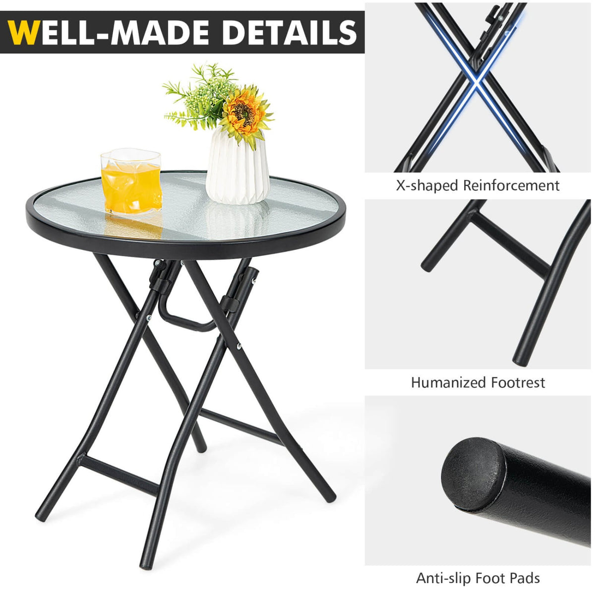 Patio Side Table with Tempered Glass Tabletop-Patio Coffee Tables-DECOROLALA