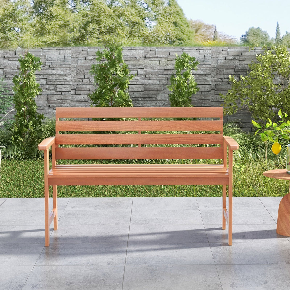 Patio Solid Wood Bench Wood 2-Seat Chair with Breathable Slatted Seat & Inclined Backrest-Outdoor Benches-DECOROLALA