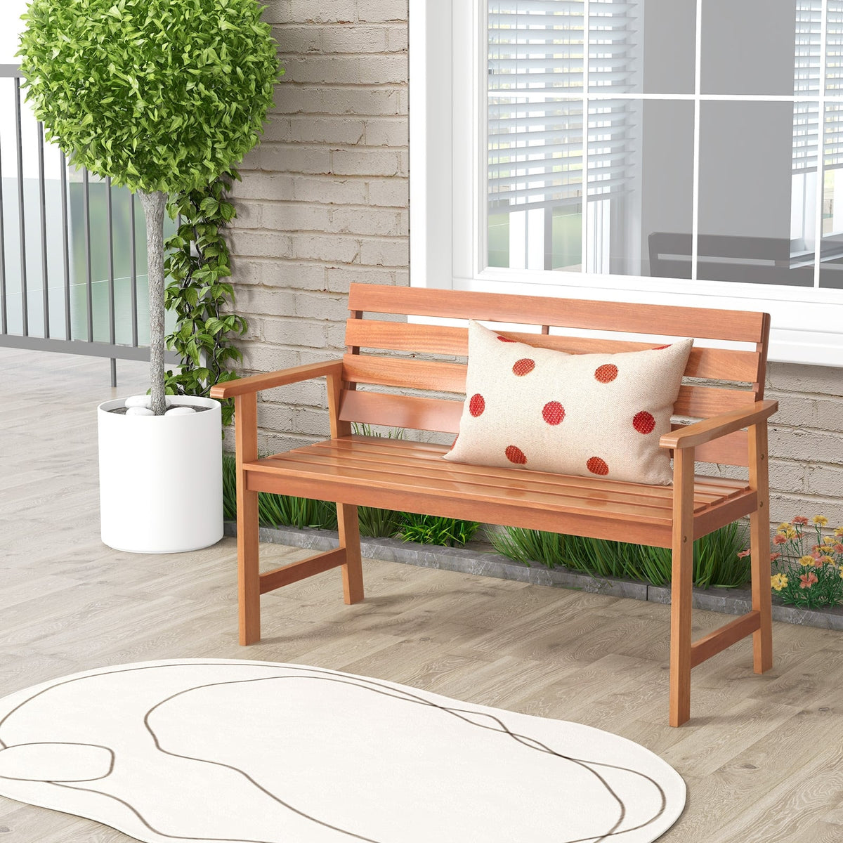 Patio Solid Wood Bench Wood 2-Seat Chair with Breathable Slatted Seat & Inclined Backrest-Outdoor Benches-DECOROLALA