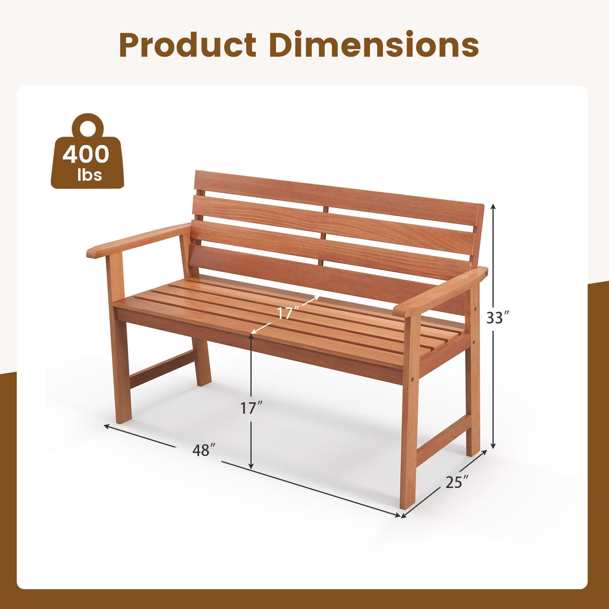 Patio Solid Wood Bench Wood 2-Seat Chair with Breathable Slatted Seat & Inclined Backrest-Outdoor Benches-DECOROLALA