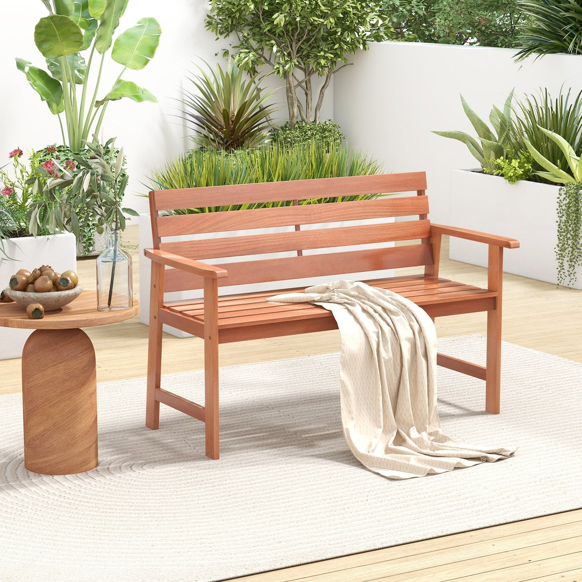 Patio Solid Wood Bench Wood 2-Seat Chair with Breathable Slatted Seat & Inclined Backrest-Outdoor Benches-DECOROLALA