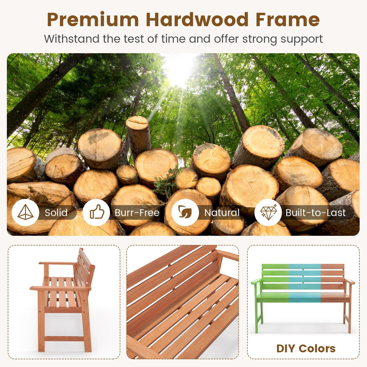 Patio Solid Wood Bench Wood 2-Seat Chair with Breathable Slatted Seat & Inclined Backrest-Outdoor Benches-DECOROLALA