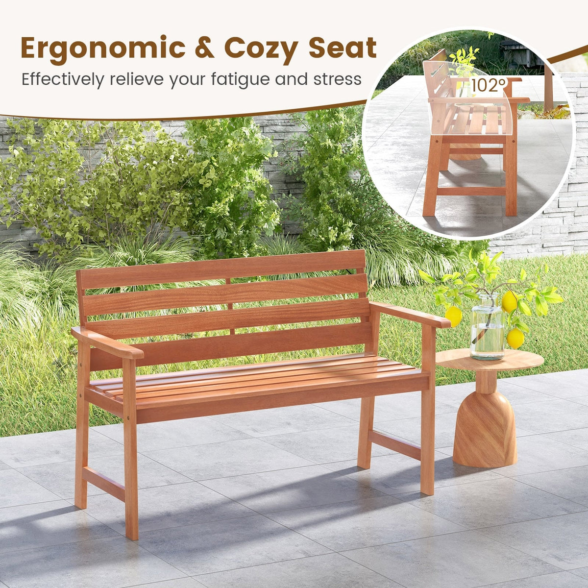 Patio Solid Wood Bench Wood 2-Seat Chair with Breathable Slatted Seat & Inclined Backrest-Outdoor Benches-DECOROLALA