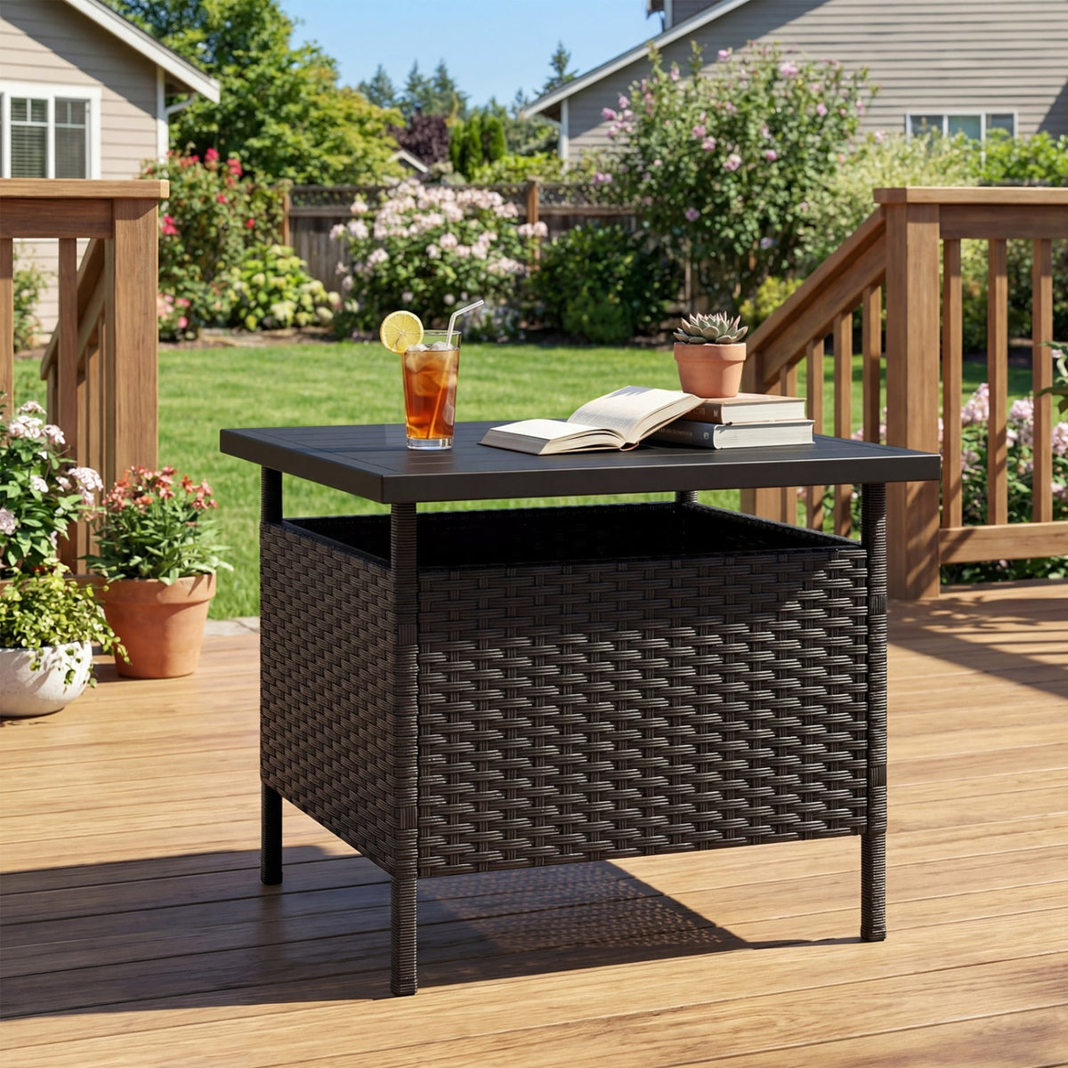 Patio Square Wicker Side Table with Umbrella Hole for Yard-Black-Patio Coffee Tables-DECOROLALA