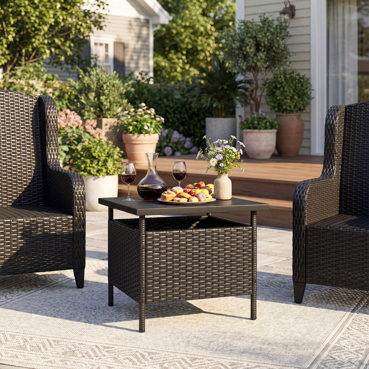 Patio Square Wicker Side Table with Umbrella Hole for Yard-Black-Patio Coffee Tables-DECOROLALA