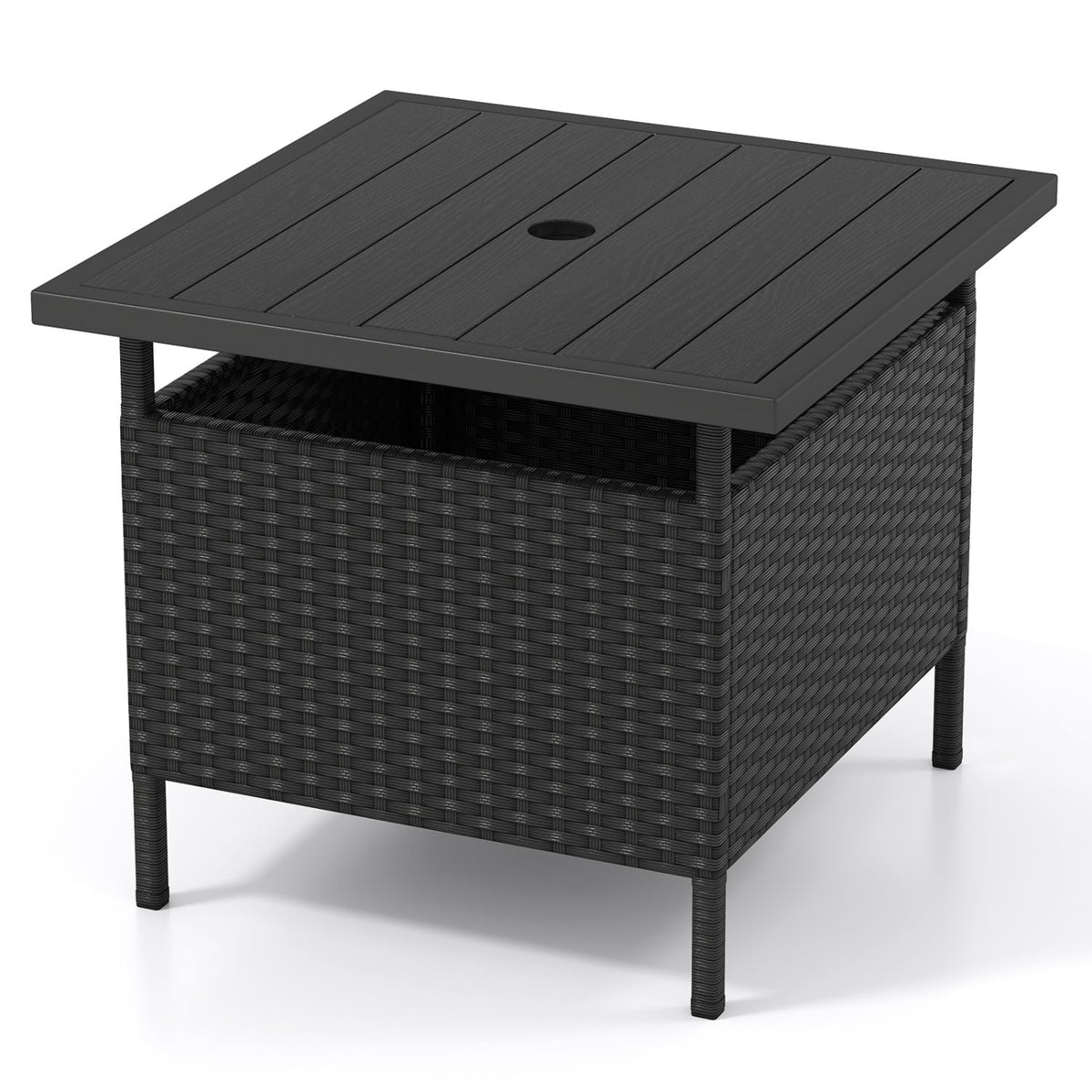 Patio Square Wicker Side Table with Umbrella Hole for Yard-Black-Patio Coffee Tables-DECOROLALA