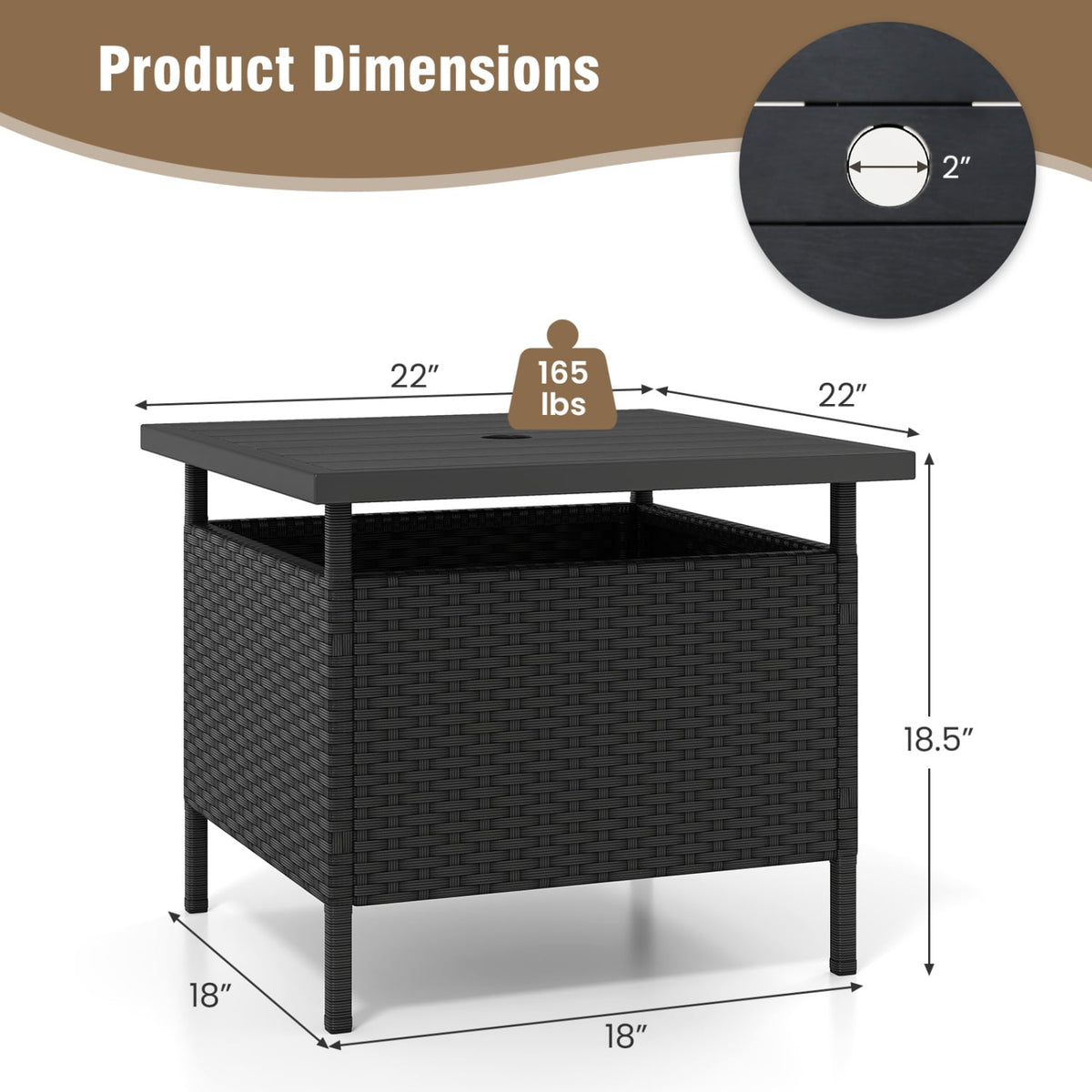 Patio Square Wicker Side Table with Umbrella Hole for Yard-Black-Patio Coffee Tables-DECOROLALA