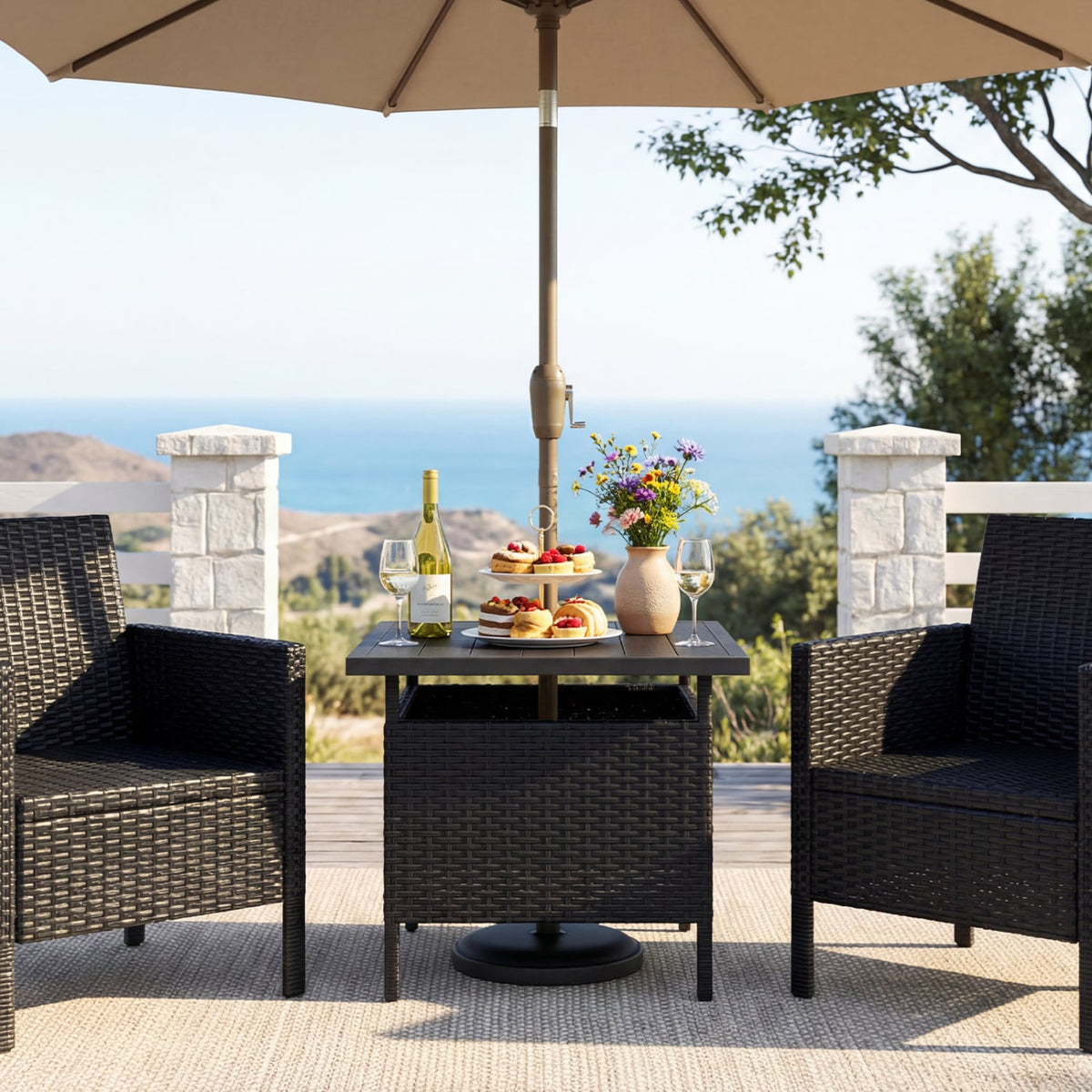 Patio Square Wicker Side Table with Umbrella Hole for Yard-Black-Patio Coffee Tables-DECOROLALA