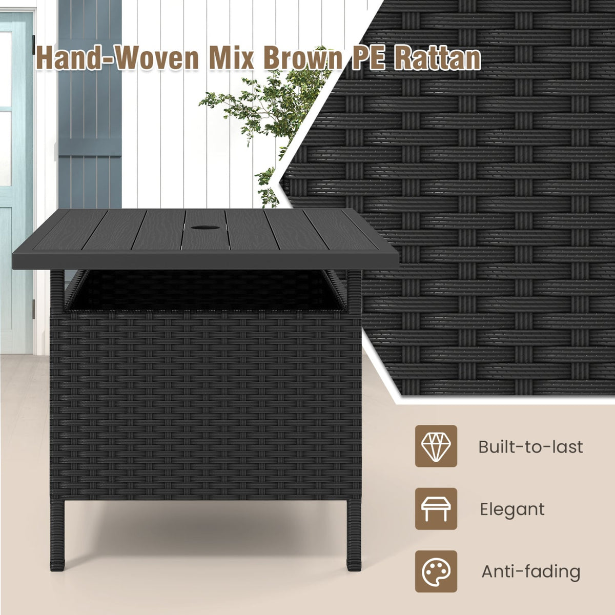 Patio Square Wicker Side Table with Umbrella Hole for Yard-Black-Patio Coffee Tables-DECOROLALA