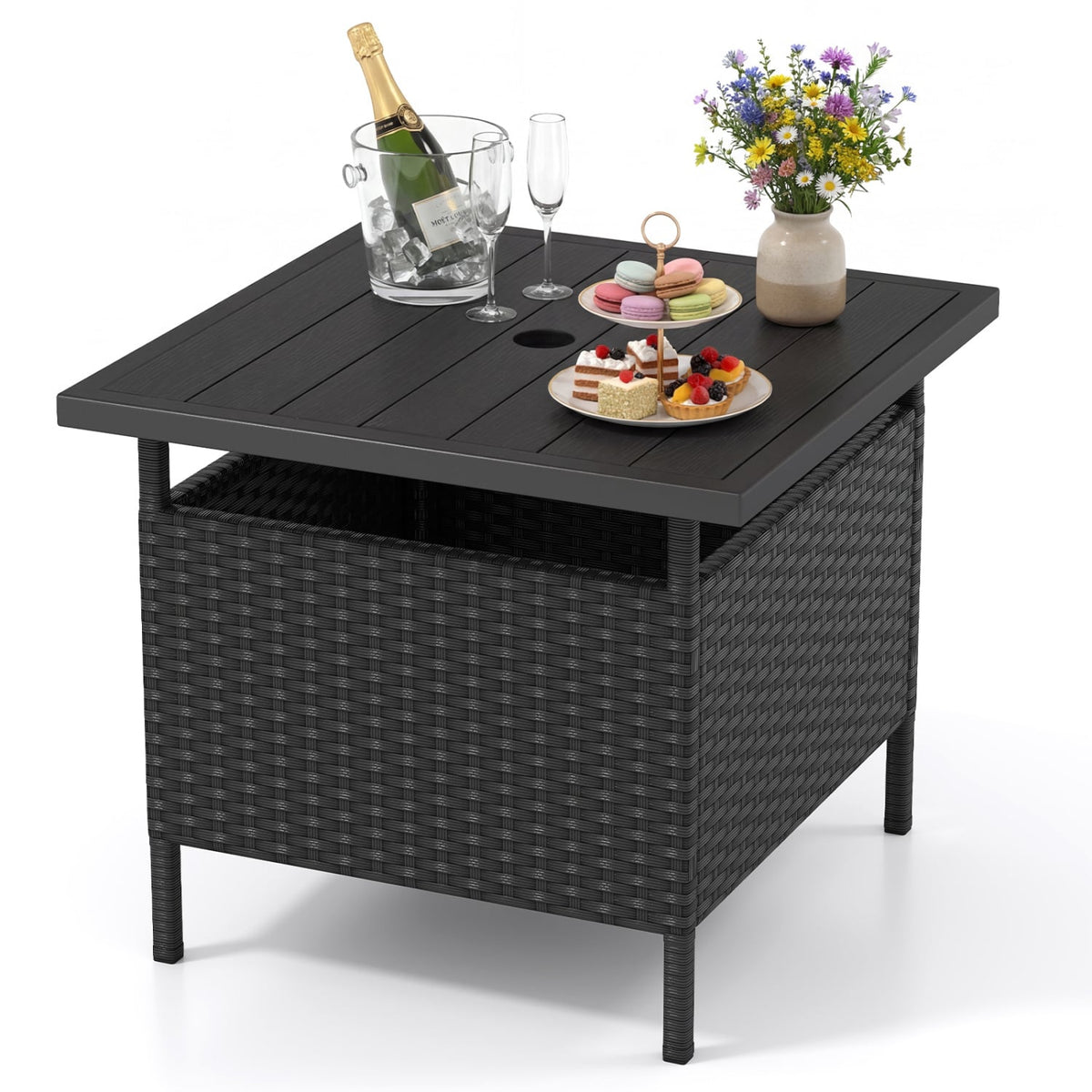 Patio Square Wicker Side Table with Umbrella Hole for Yard-Black-Patio Coffee Tables-DECOROLALA