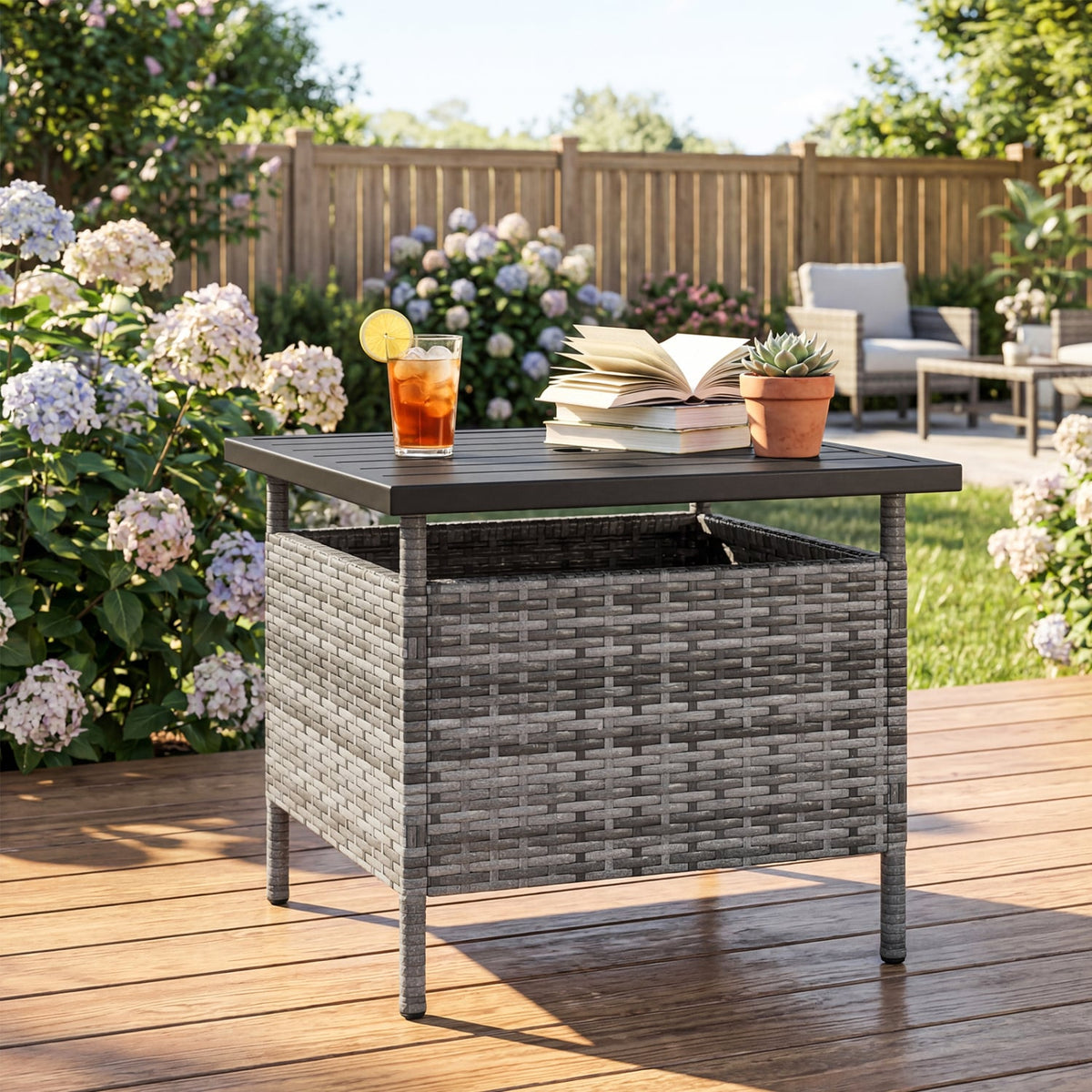 Patio Square Wicker Side Table with Umbrella Hole for Yard-Gray-Patio Coffee Tables-DECOROLALA