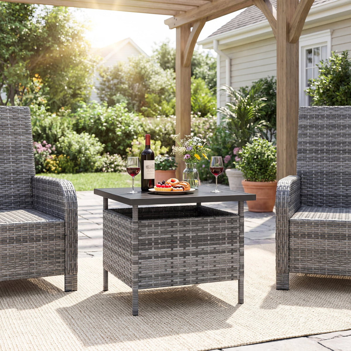 Patio Square Wicker Side Table with Umbrella Hole for Yard-Gray-Patio Coffee Tables-DECOROLALA