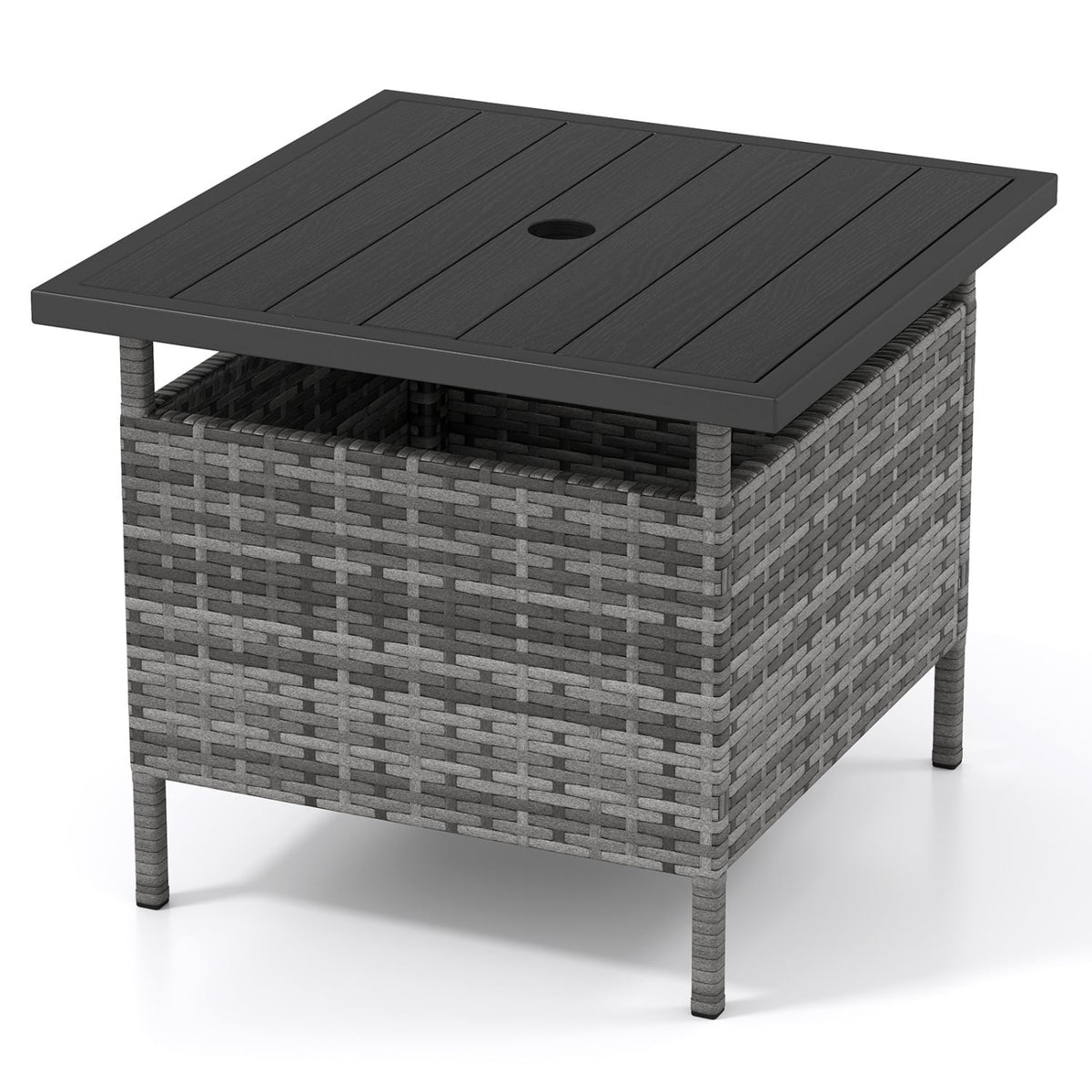 Patio Square Wicker Side Table with Umbrella Hole for Yard-Gray-Patio Coffee Tables-DECOROLALA