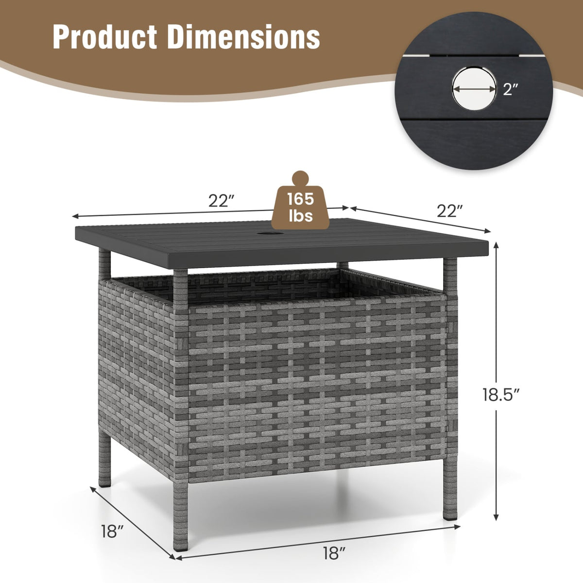 Patio Square Wicker Side Table with Umbrella Hole for Yard-Gray-Patio Coffee Tables-DECOROLALA