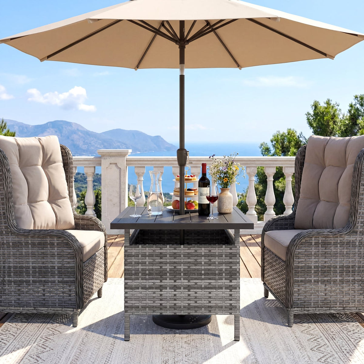 Patio Square Wicker Side Table with Umbrella Hole for Yard-Gray-Patio Coffee Tables-DECOROLALA